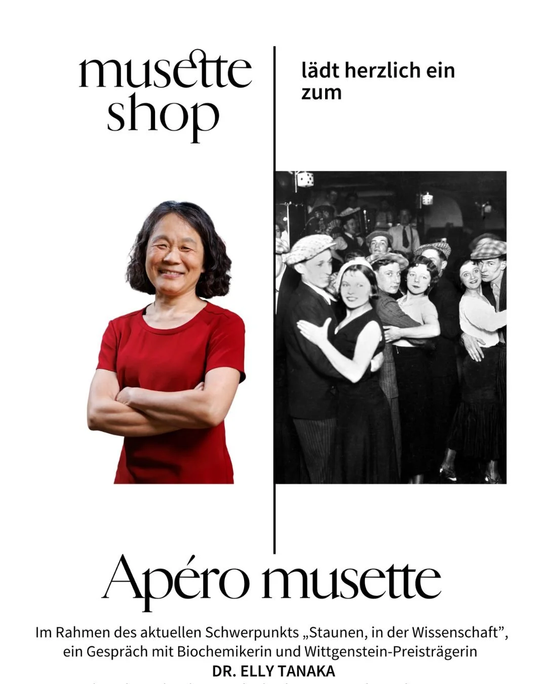 Es geht weiter mit den Ap&eacute;ros, heuer mit Wissenschaftsschwerpunkt.
Ap&eacute;ro musette mit Dr. ELLY TANAKA
Freitag 20.02.2026, 18:00
Im Rahmen des aktuellen Schwerpunkts &bdquo;Staunen, in der Wissenschaft&rdquo;, ein Gespr&auml;ch mit Bioche