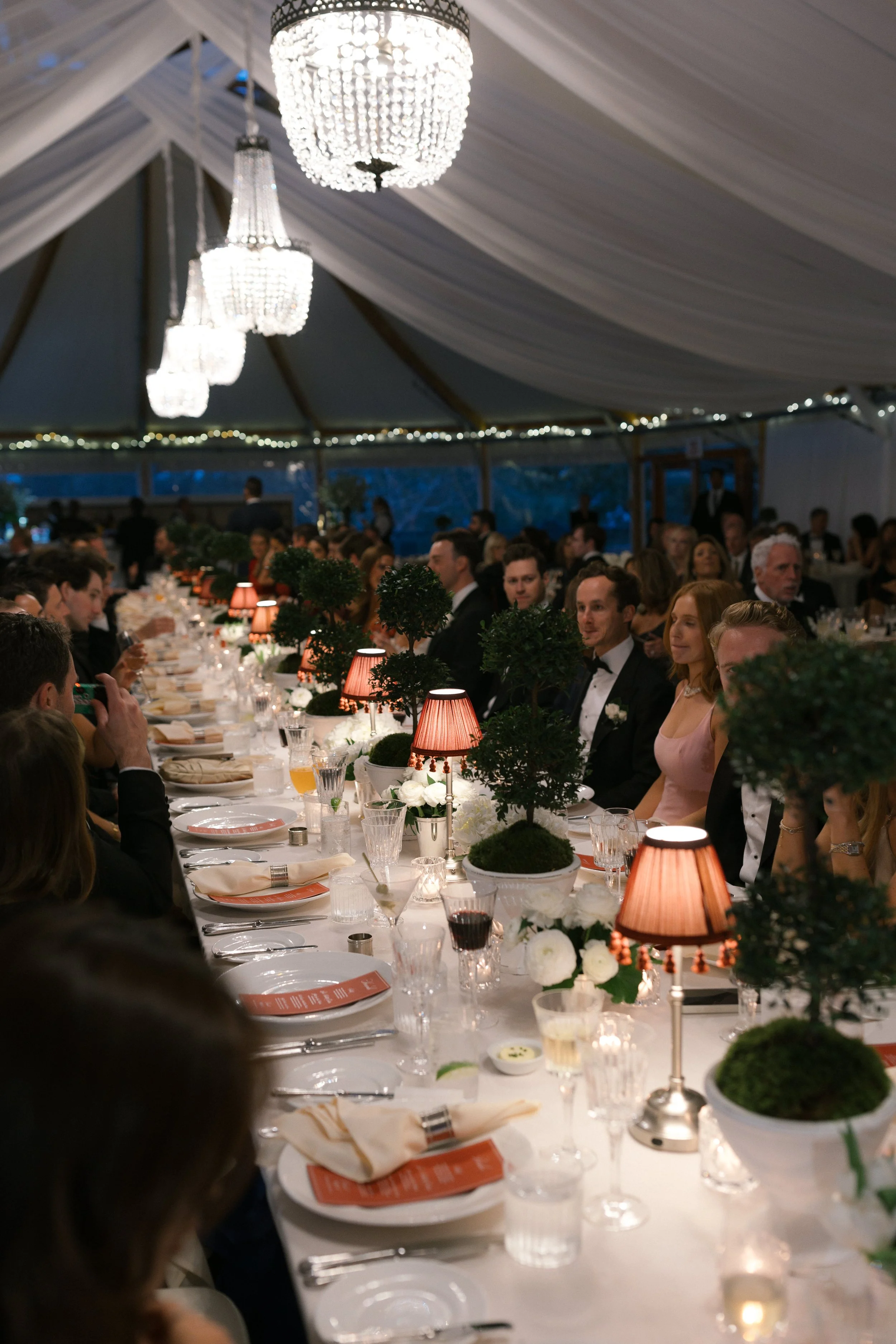 A formal wedding reception under a tent with chandeliers, long dining table, and decorated with lamps, plants, and floral arrangements.