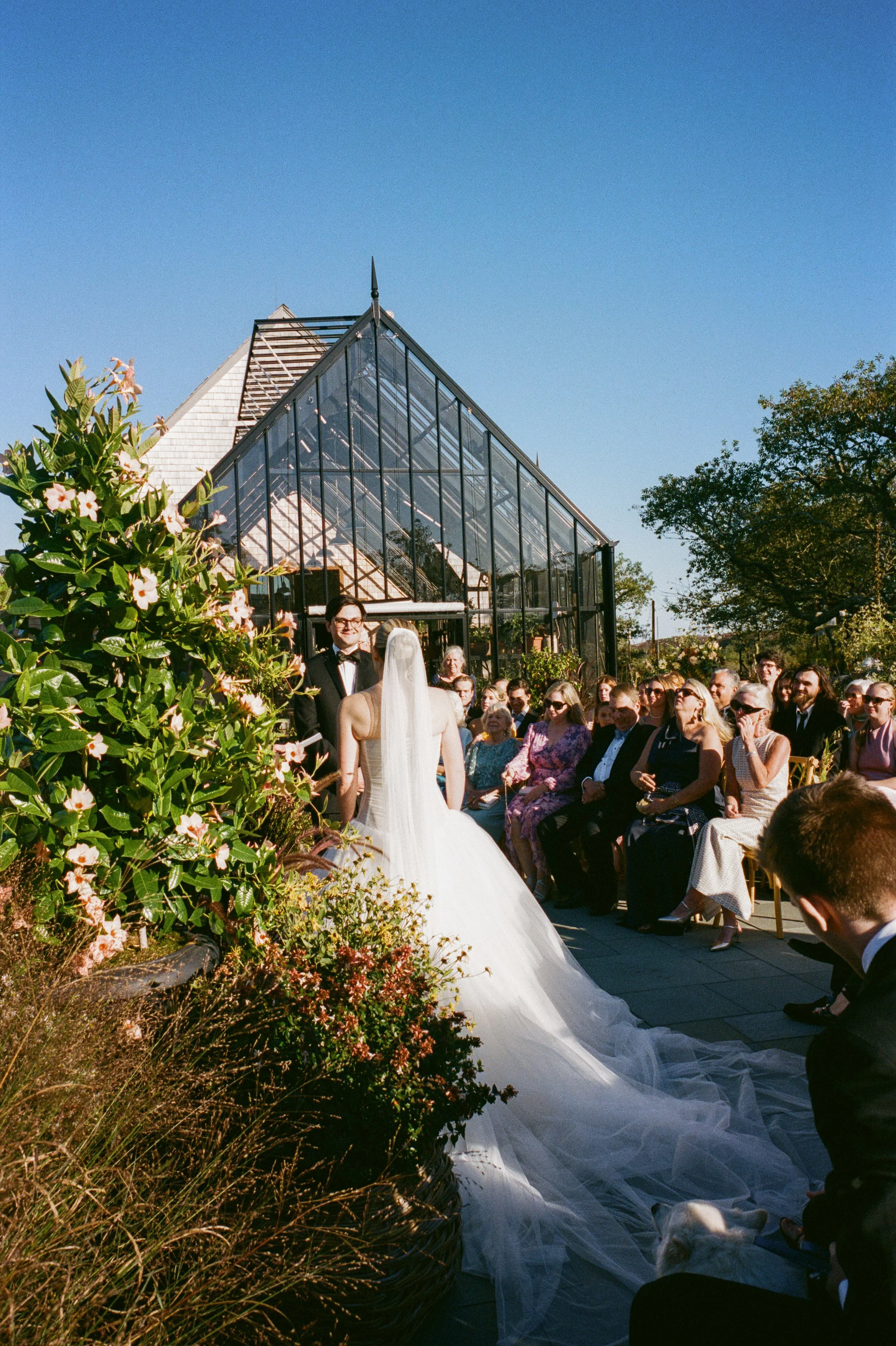 Wedding ceremony outdoors with bride and groom facing each other, guests seated on chairs in the bright sunny day, and a greenhouse-style building in the background.