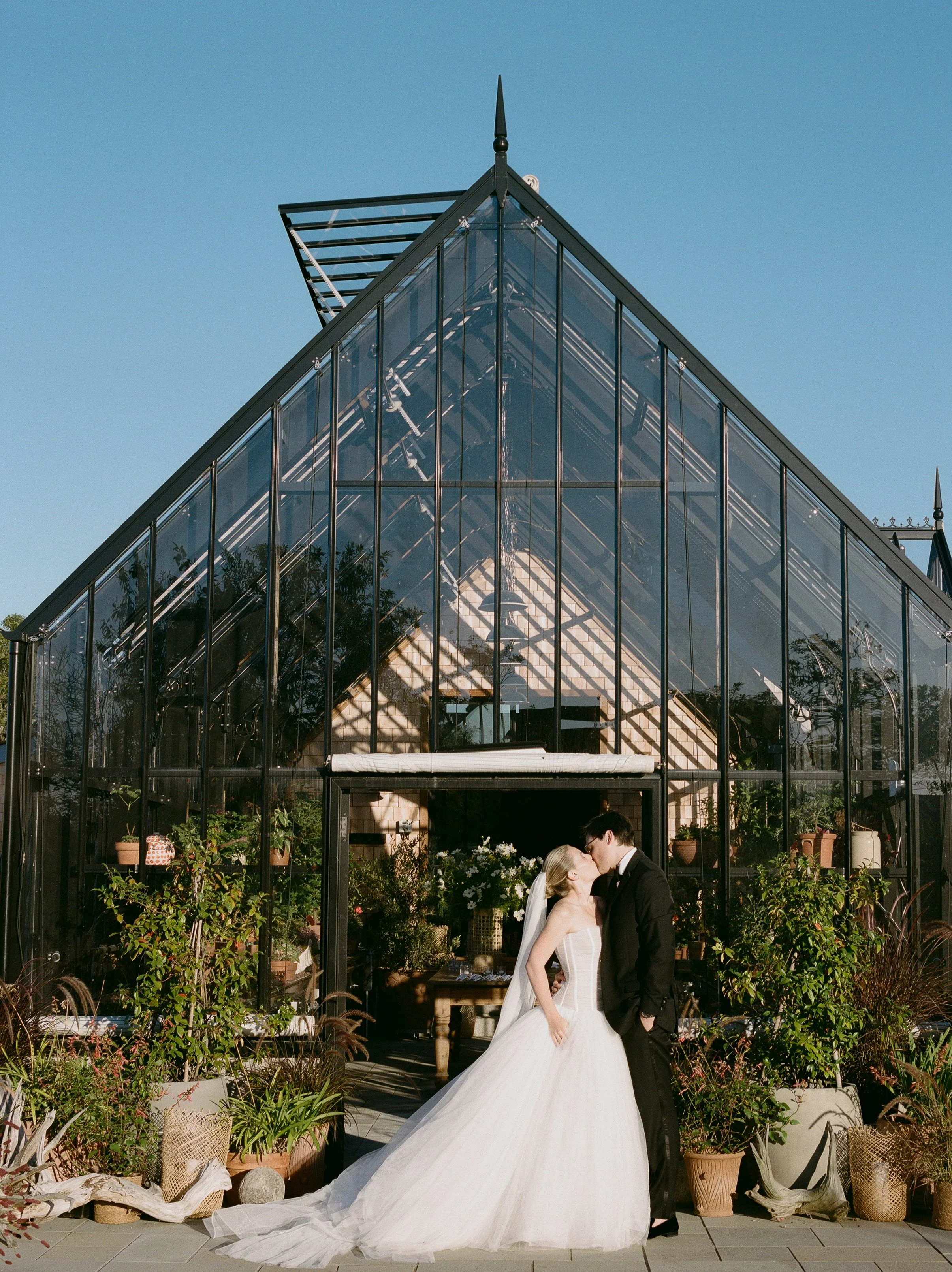 A newlywed couple kissing outside a modern glass greenhouse with potted plants and greenery.