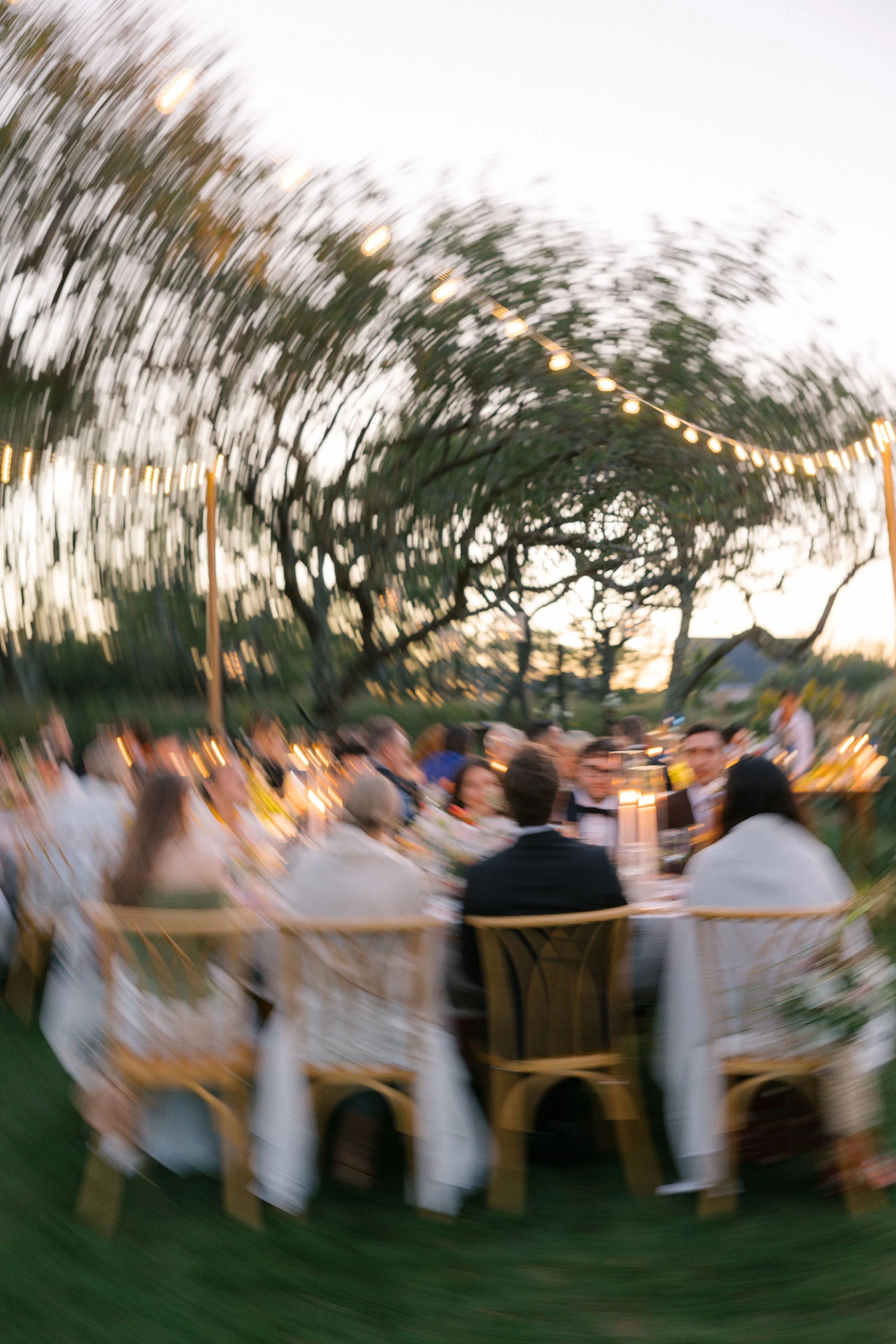 People sitting around a table outdoors under string lights at dusk, with trees in the background.