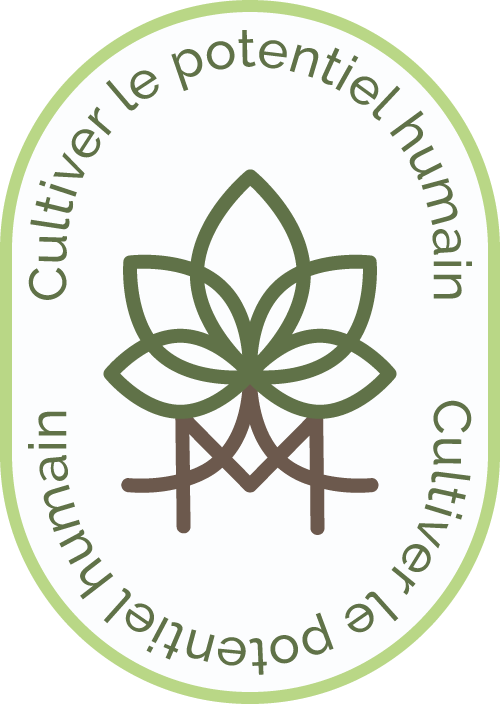 Badge présentant la version symbole du logo de Mélinda Roy, entouré du texte en français "Cultiver le potentiel humain"