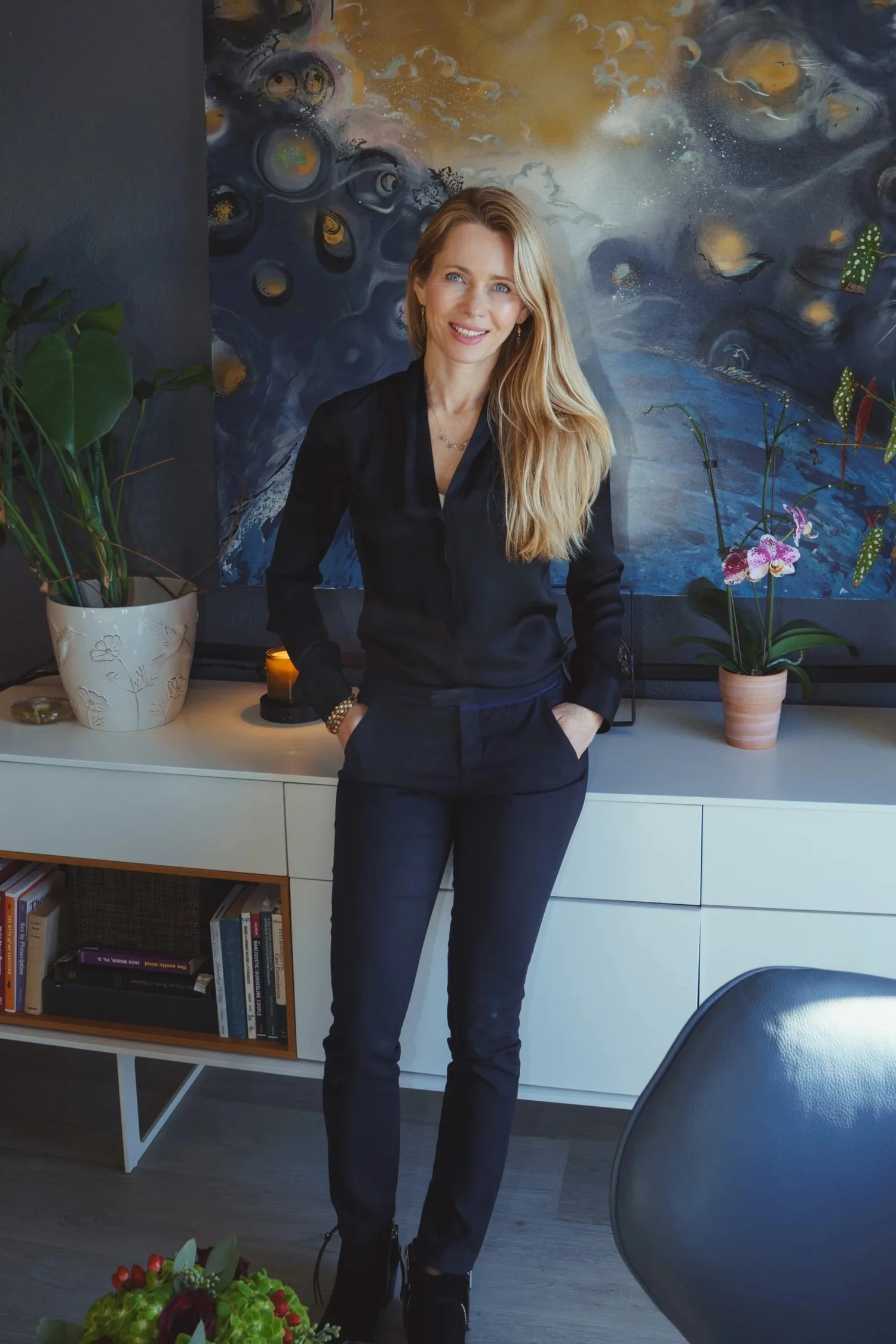 Regina Abayev, JD, LMFT, in her therapy office in Hermosa Beach