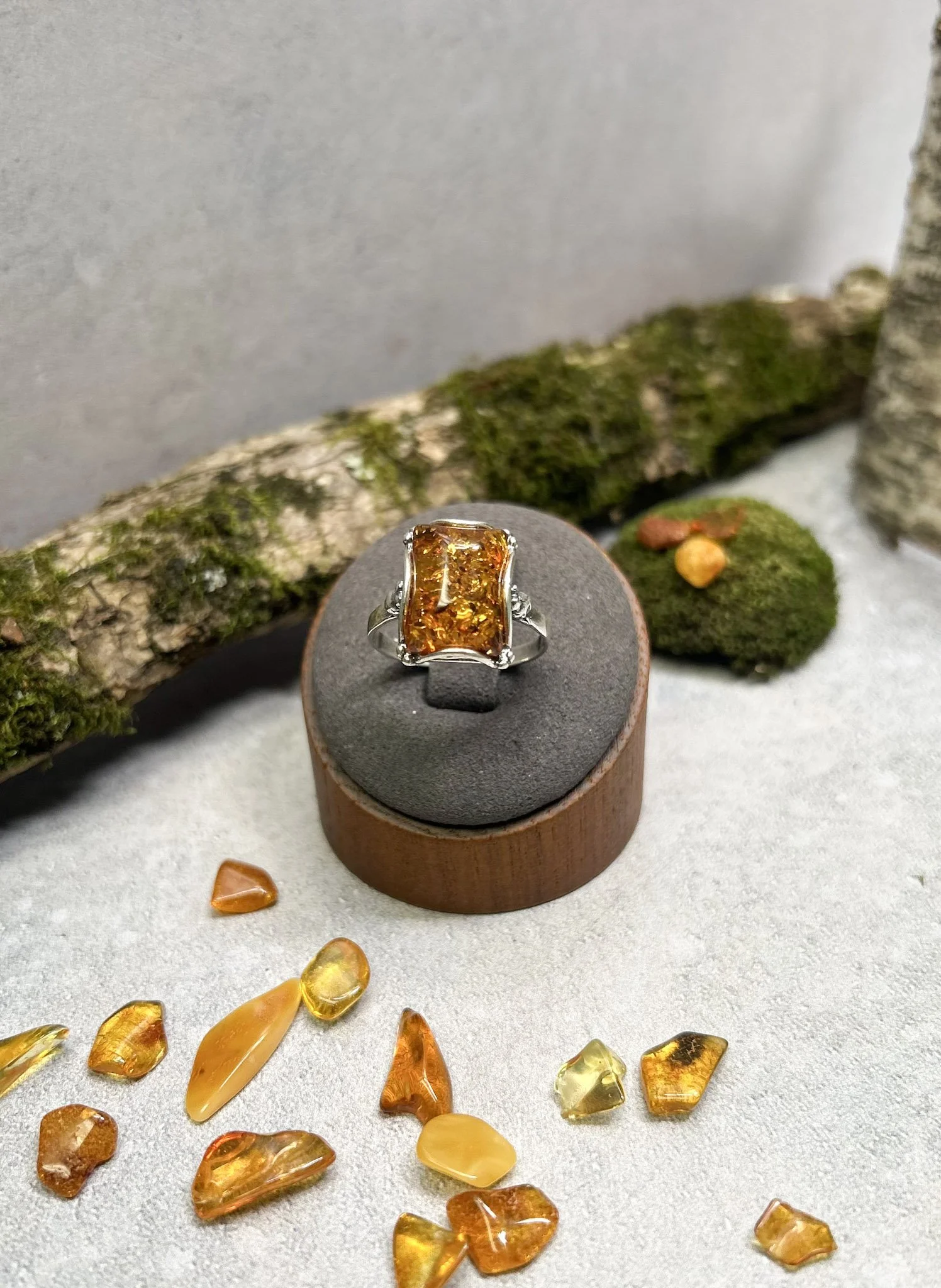 Rectangle Cognac Baltic Amber Ring | Sterling Silver