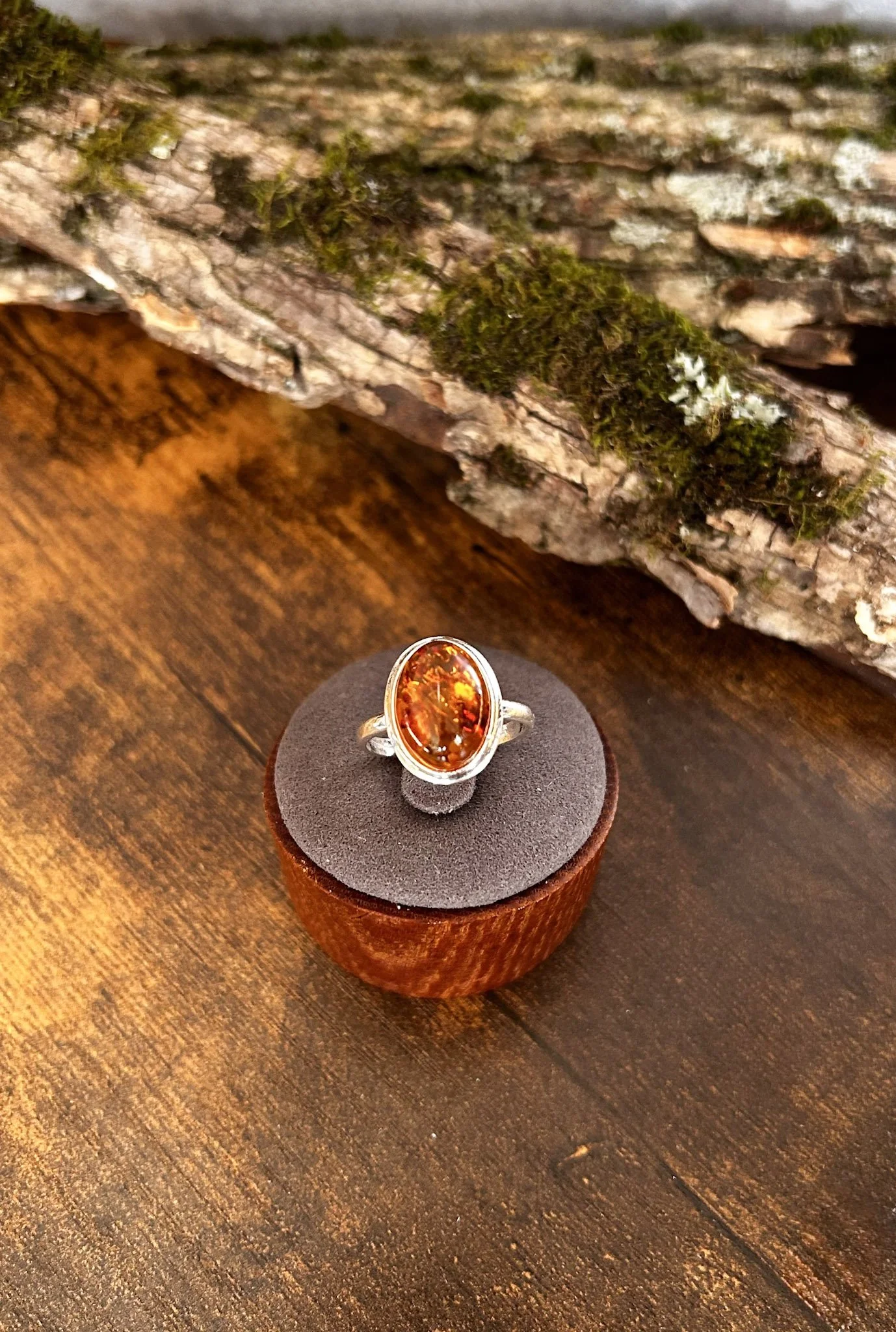 Oval shaped Cognac Baltic amber silver ring, size 7.5