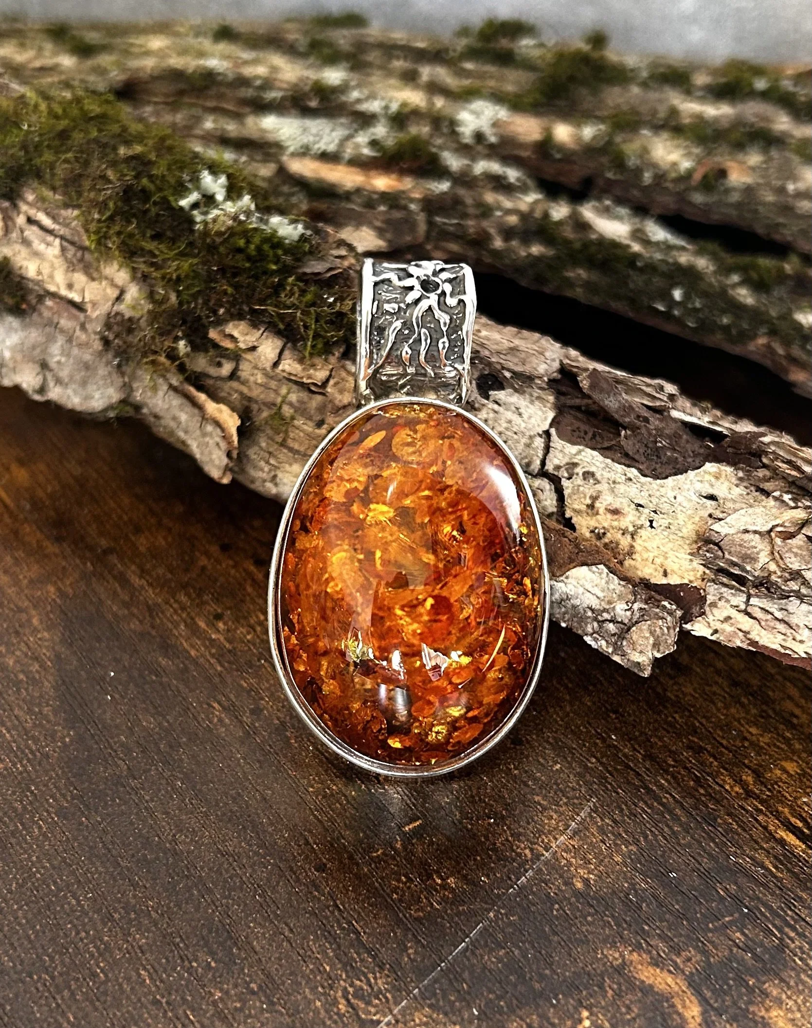 cognac Baltic amber framed in sterling silver