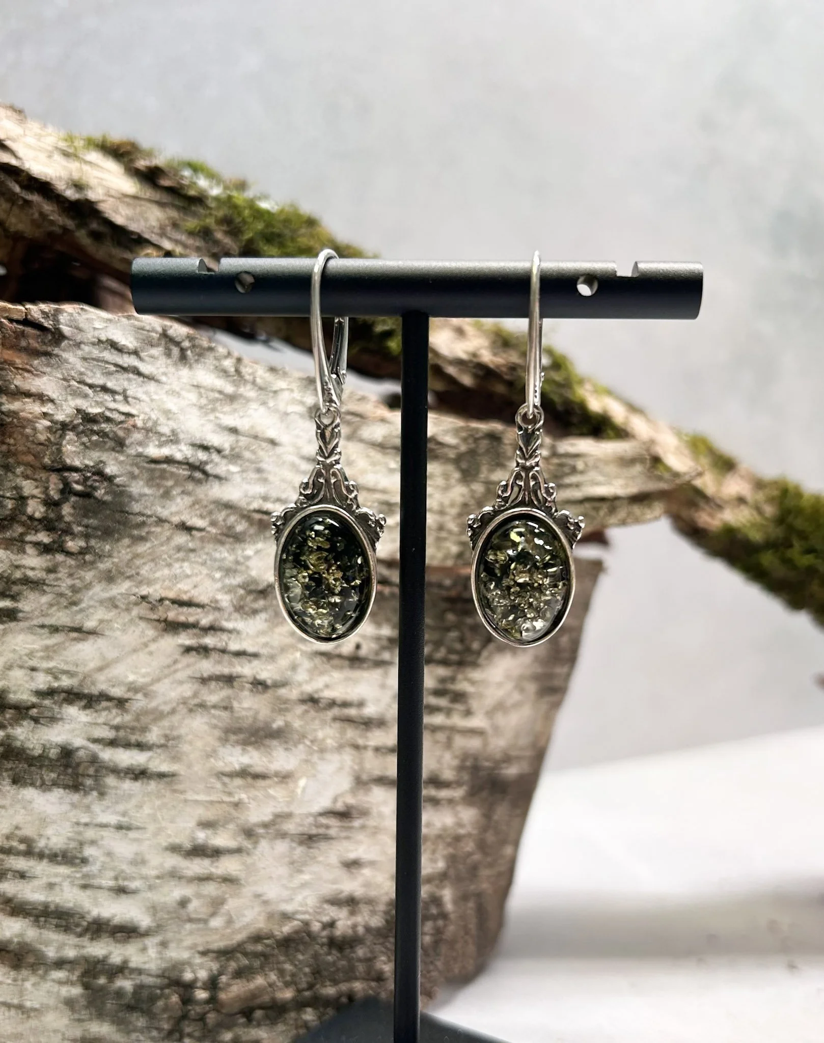 Oval Green Baltic Amber Earrings | Sterling Silver