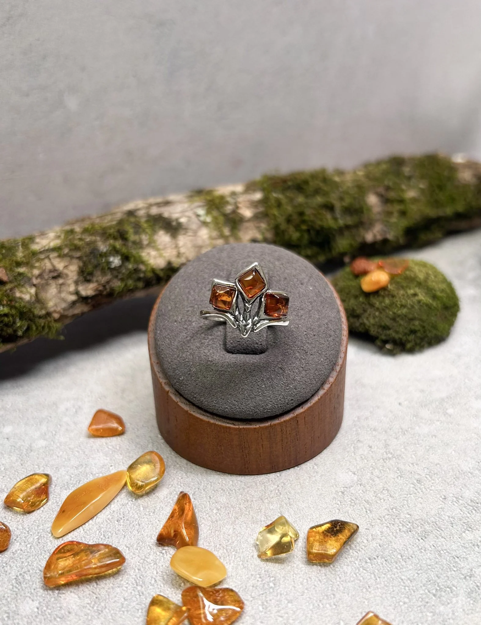 Cognac colored Baltic Amber Tulip Ring | Sterling Silver