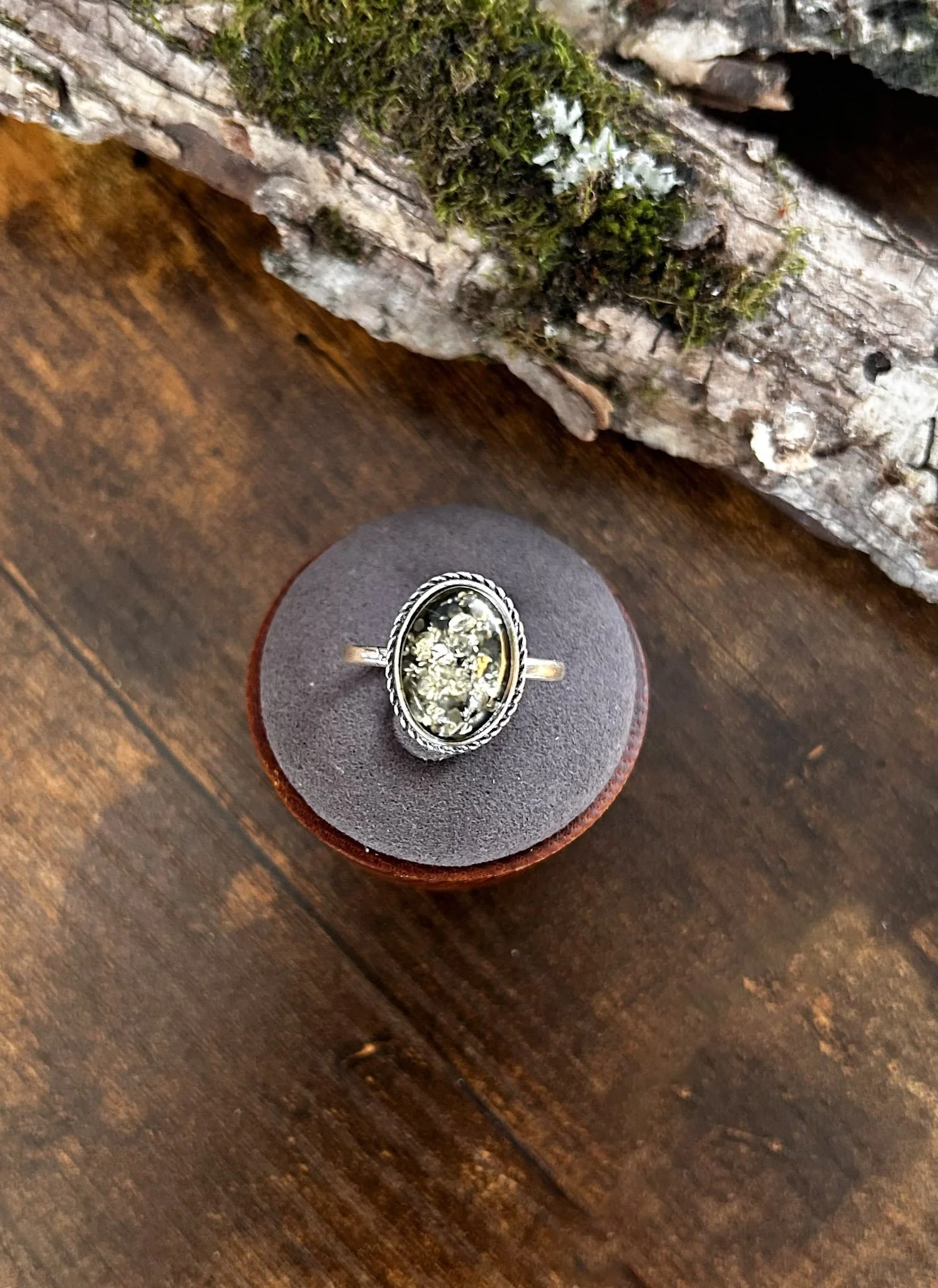 Oval shaped green Baltic amber silver ring, size 9.75