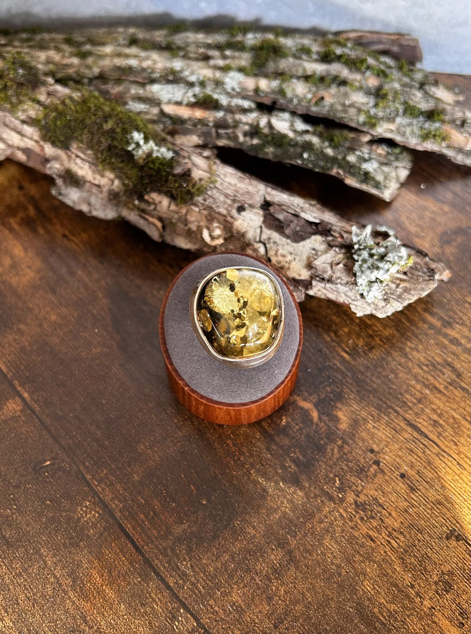 Green colored Baltic amber silver ring