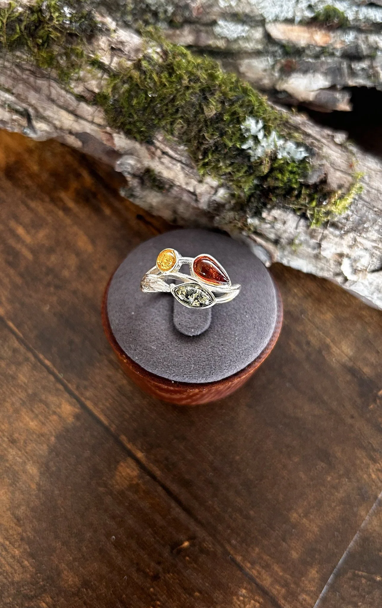 Baltic amber silver ring featuring green, yellow, and cognac ambers in size 8