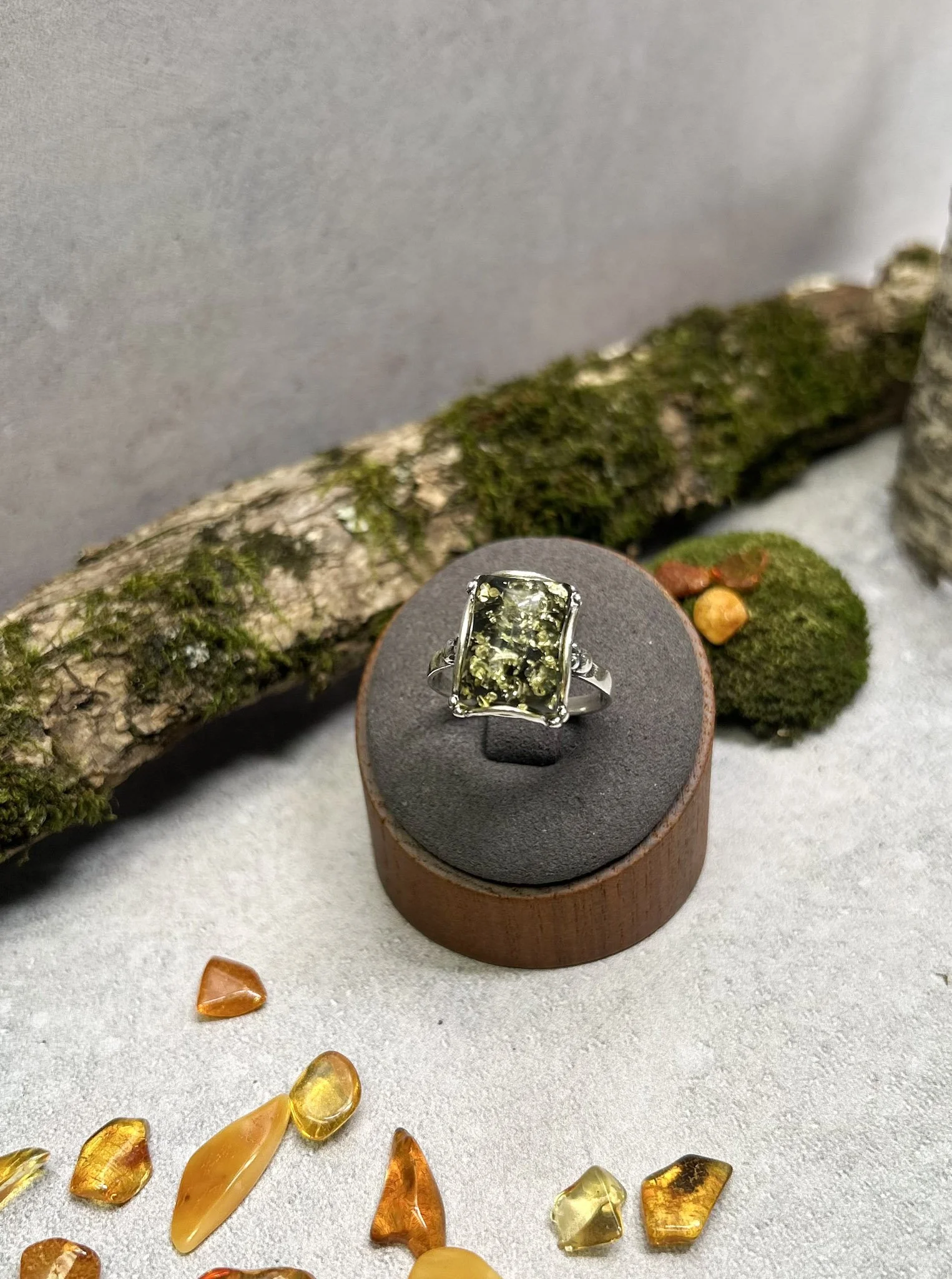 Rectangle Green Baltic Amber Ring | Sterling Silver