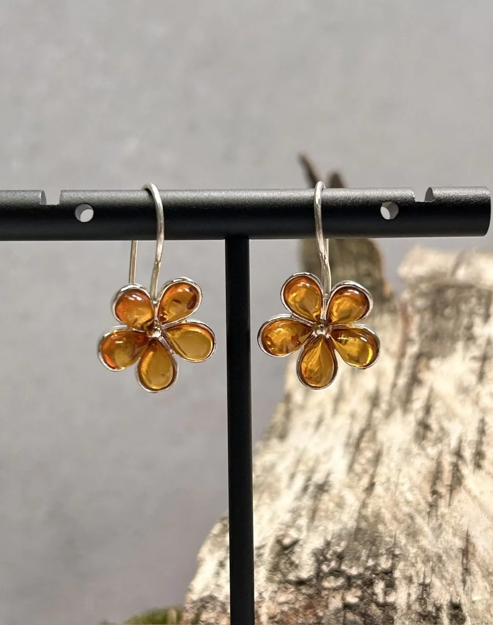 Flower Baltic Amber Earrings | Sterling Silver