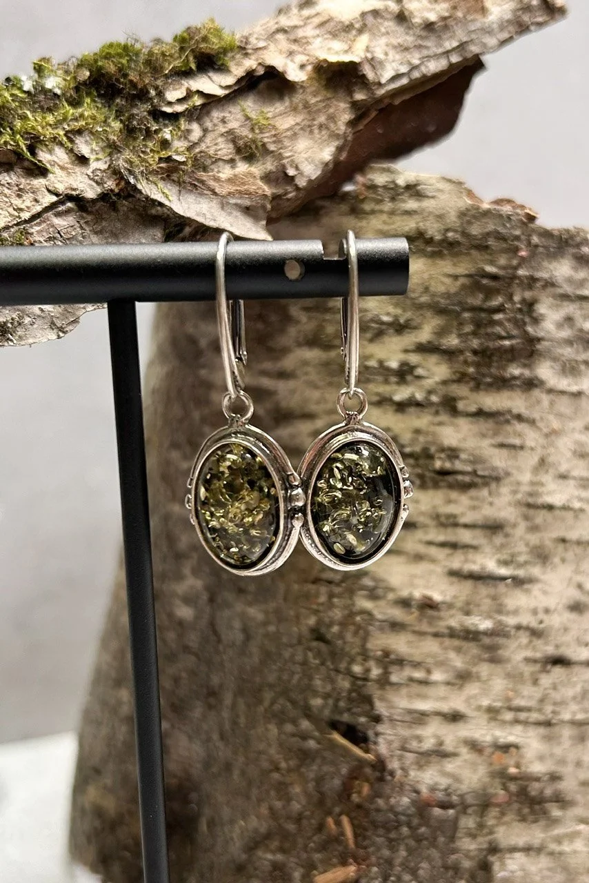 Oval Green Baltic Amber Earrings | Sterling Silver