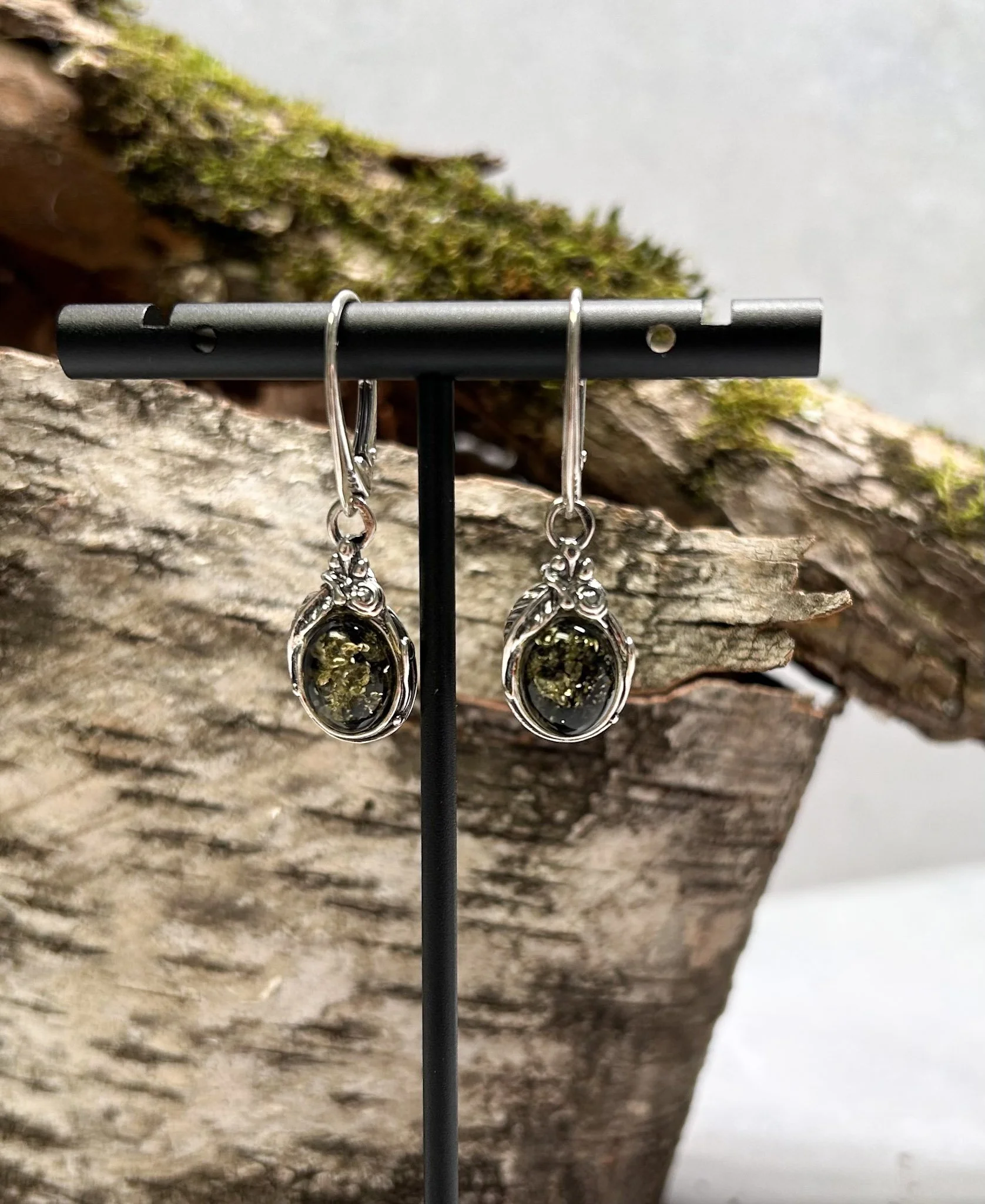 Fern | Sterling Silver Green Baltic Amber Earrings