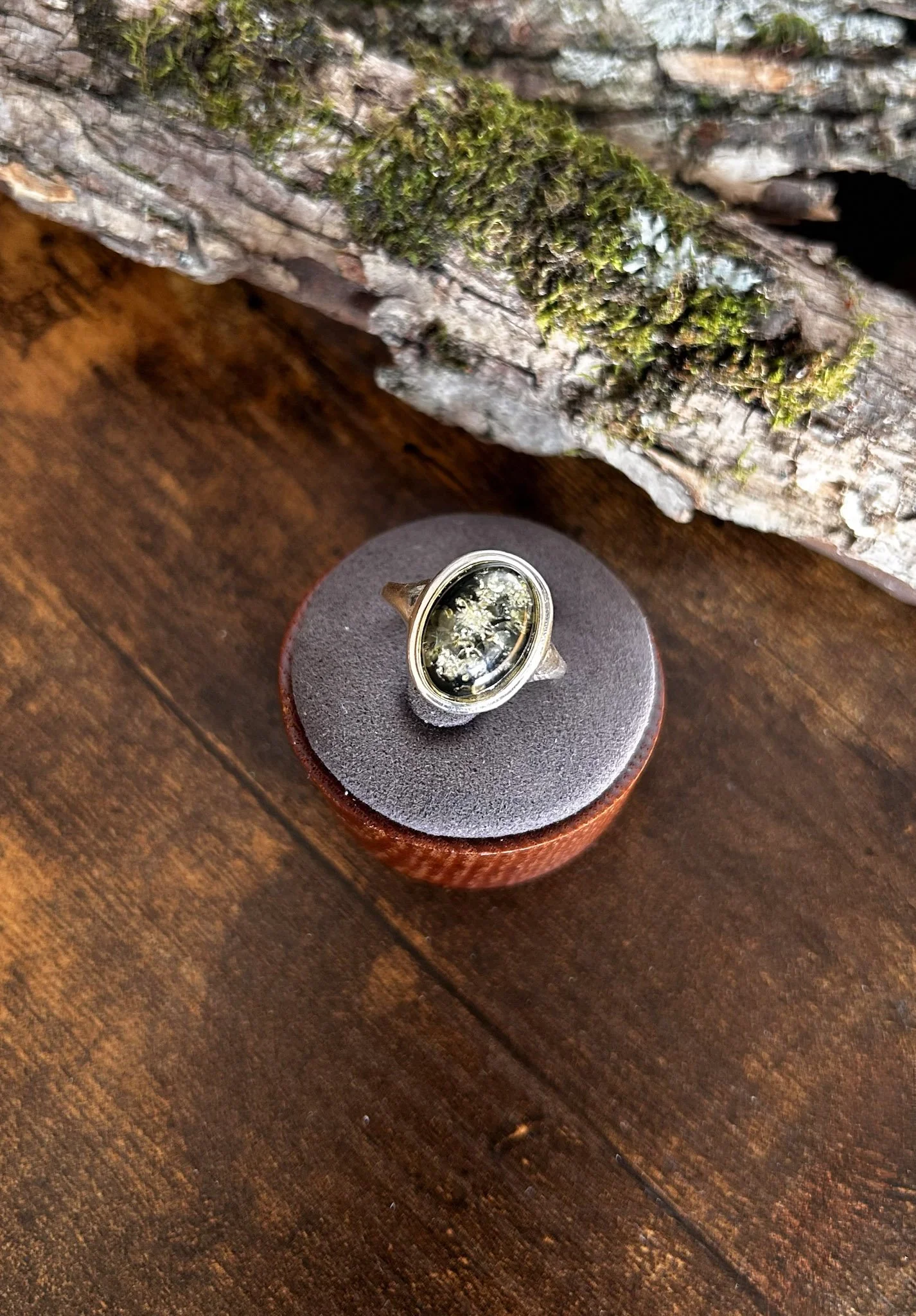 Oval shaped green Baltic amber silver ring, size 9