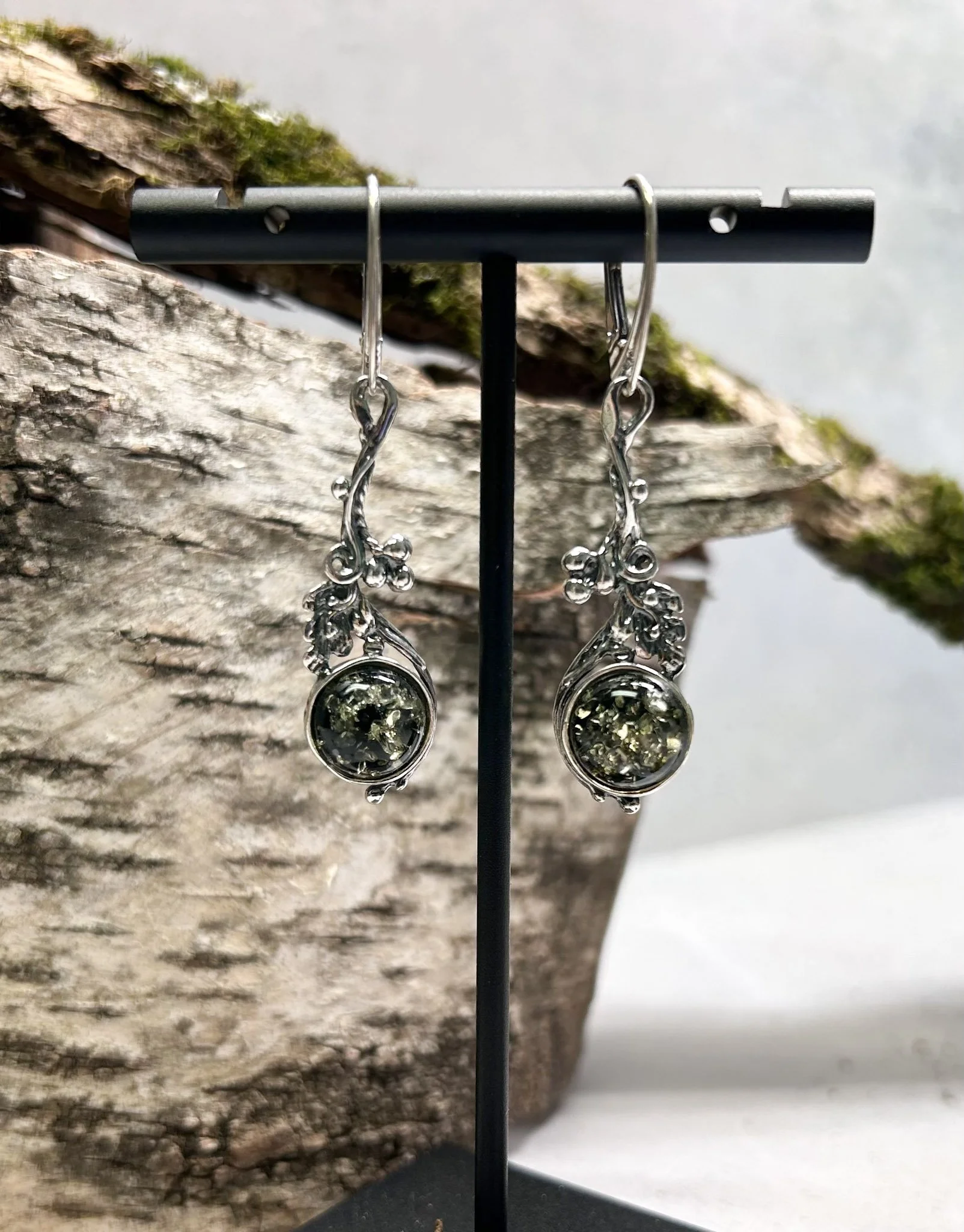 Bramble | Sterling Silver Green Baltic Amber Earrings