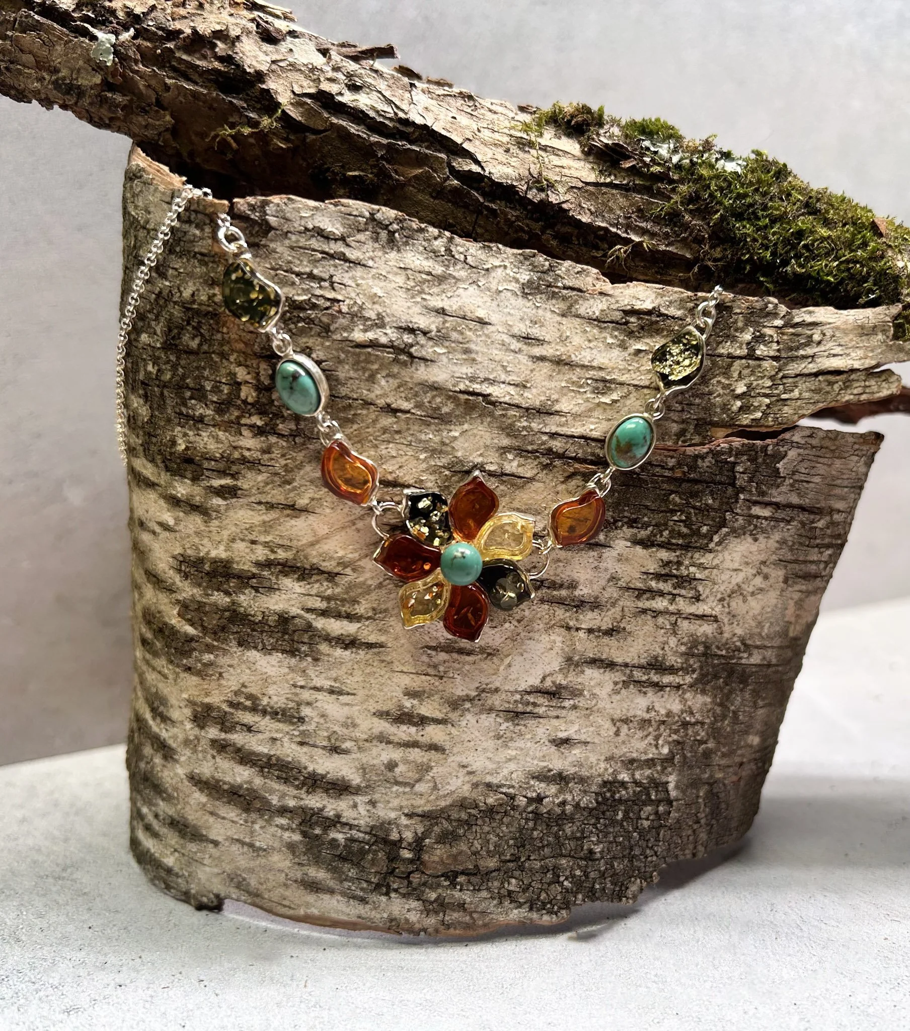 Wildflower | Sterling Silver Multicolor Baltic Amber Flower Necklace with Turquoise
