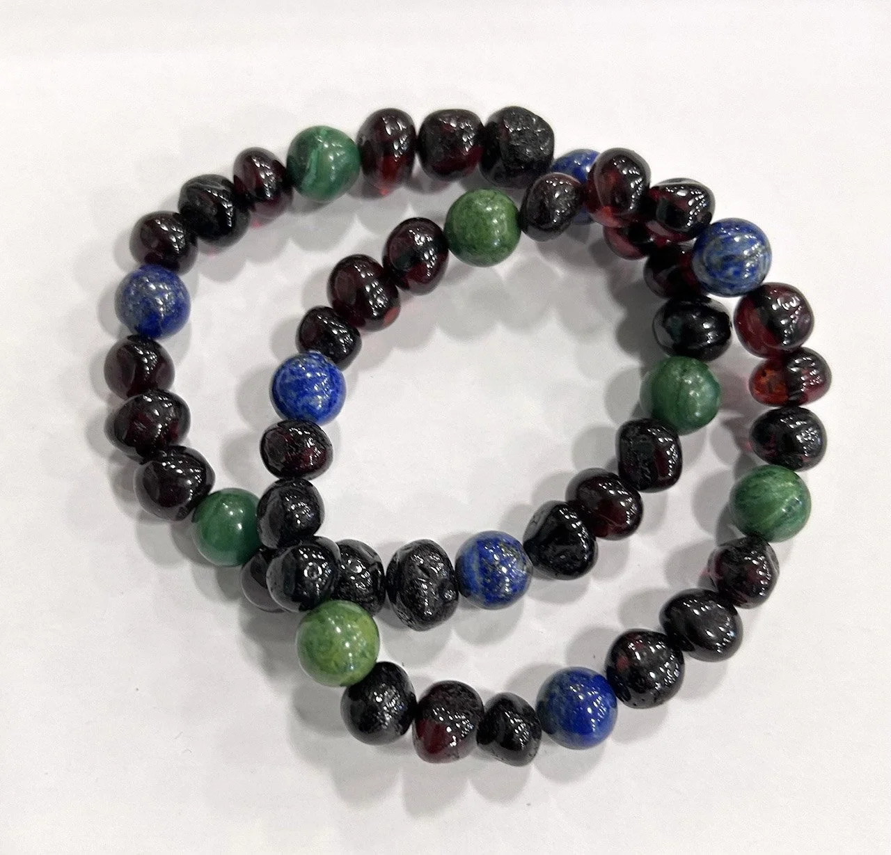 Dark Cherry Baltic Amber Bead Bracelet with African Jade and Lapis Lazuli