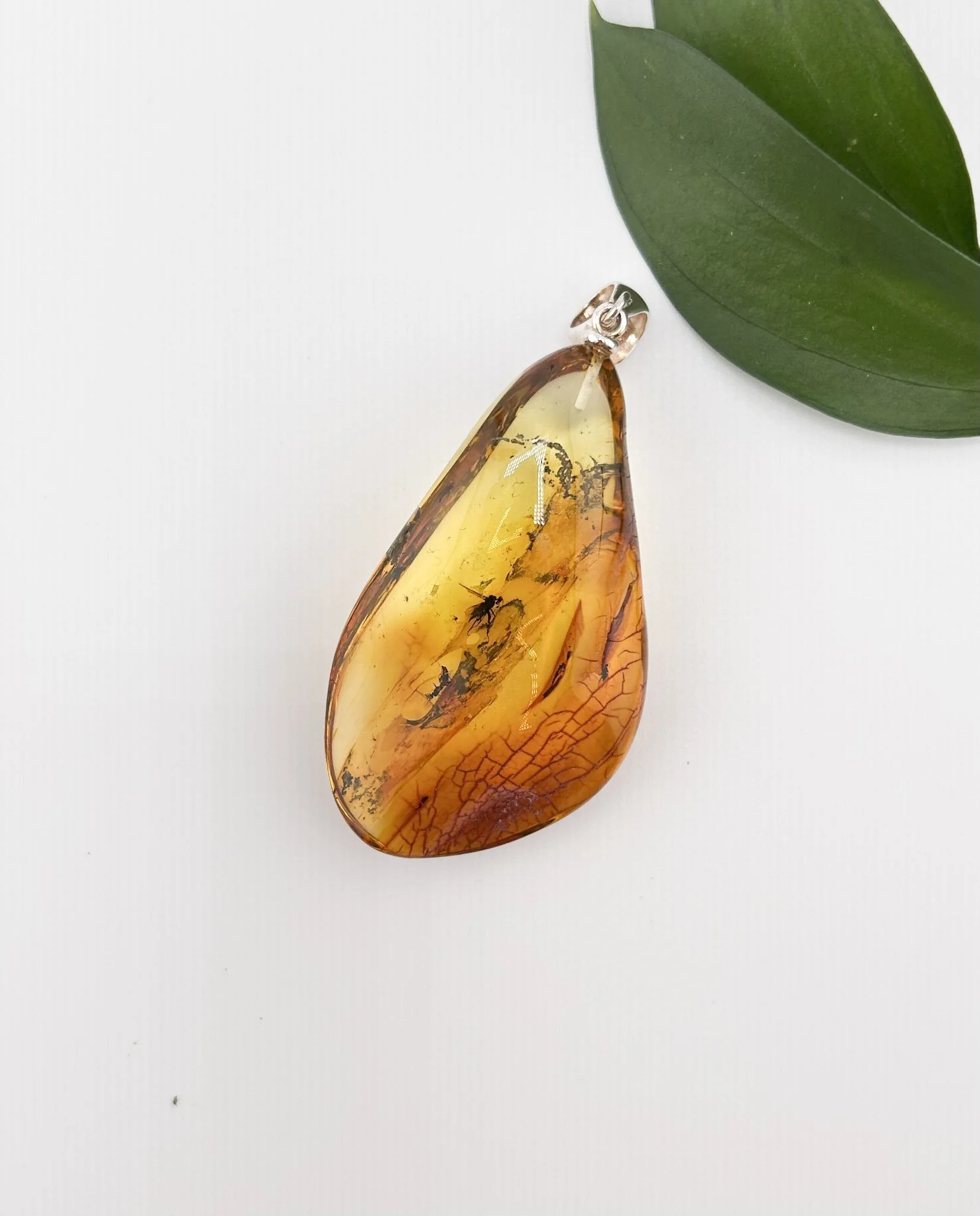 Tear Shaped Baltic Amber Pendant with a Leaf Print
