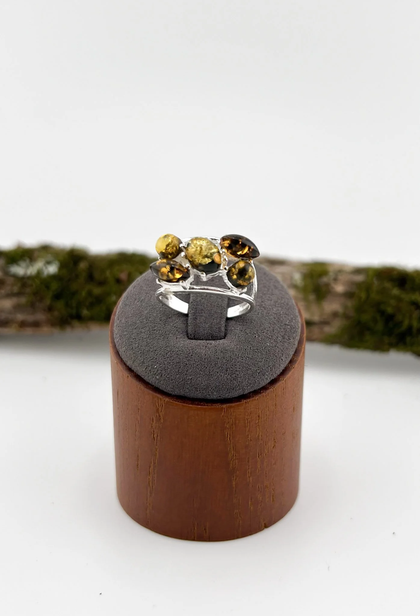 Green Mosaic Baltic Amber Ring | Sterling Silver