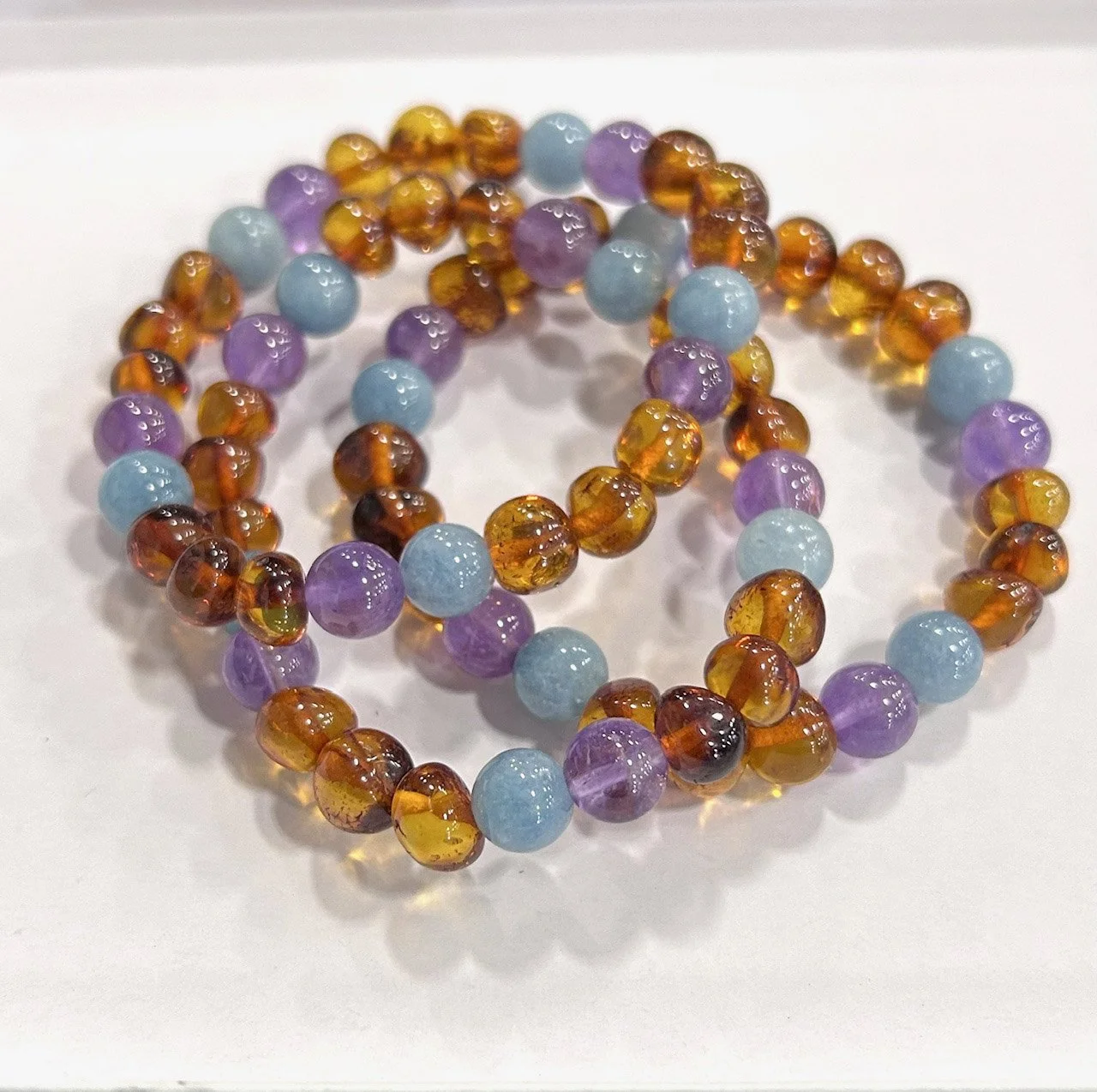 Baltic Amber, Amethyst, and Aquamarine Bead Bracelet