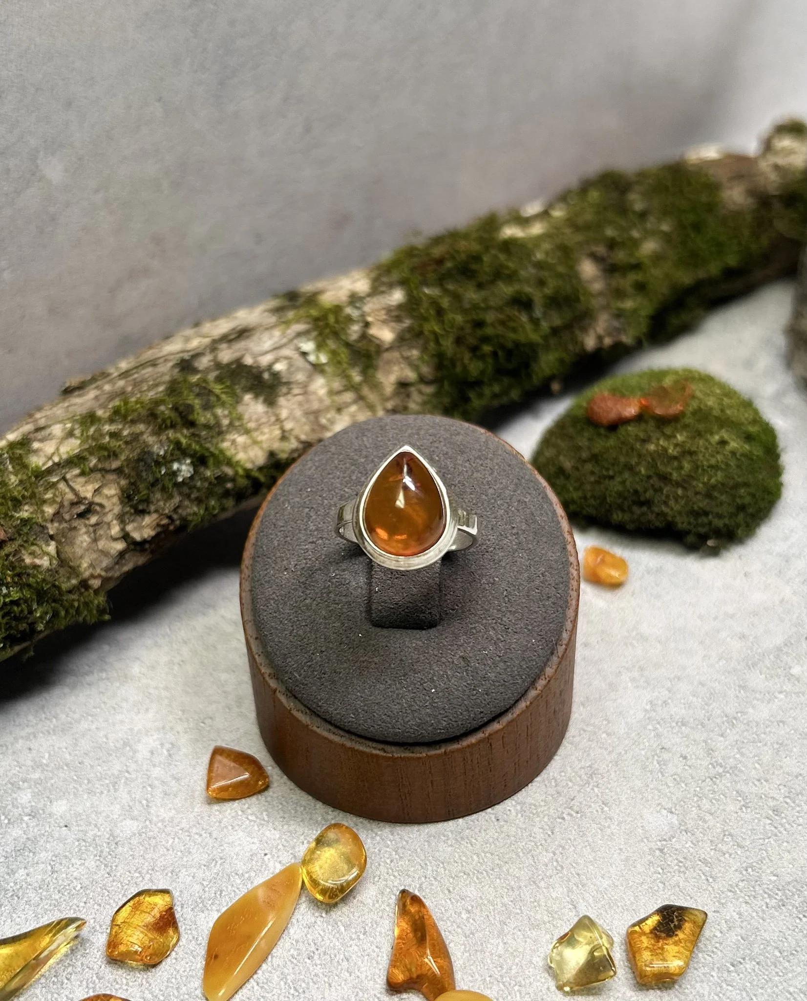 Pear Cognac Baltic Amber Ring | Sterling Silver