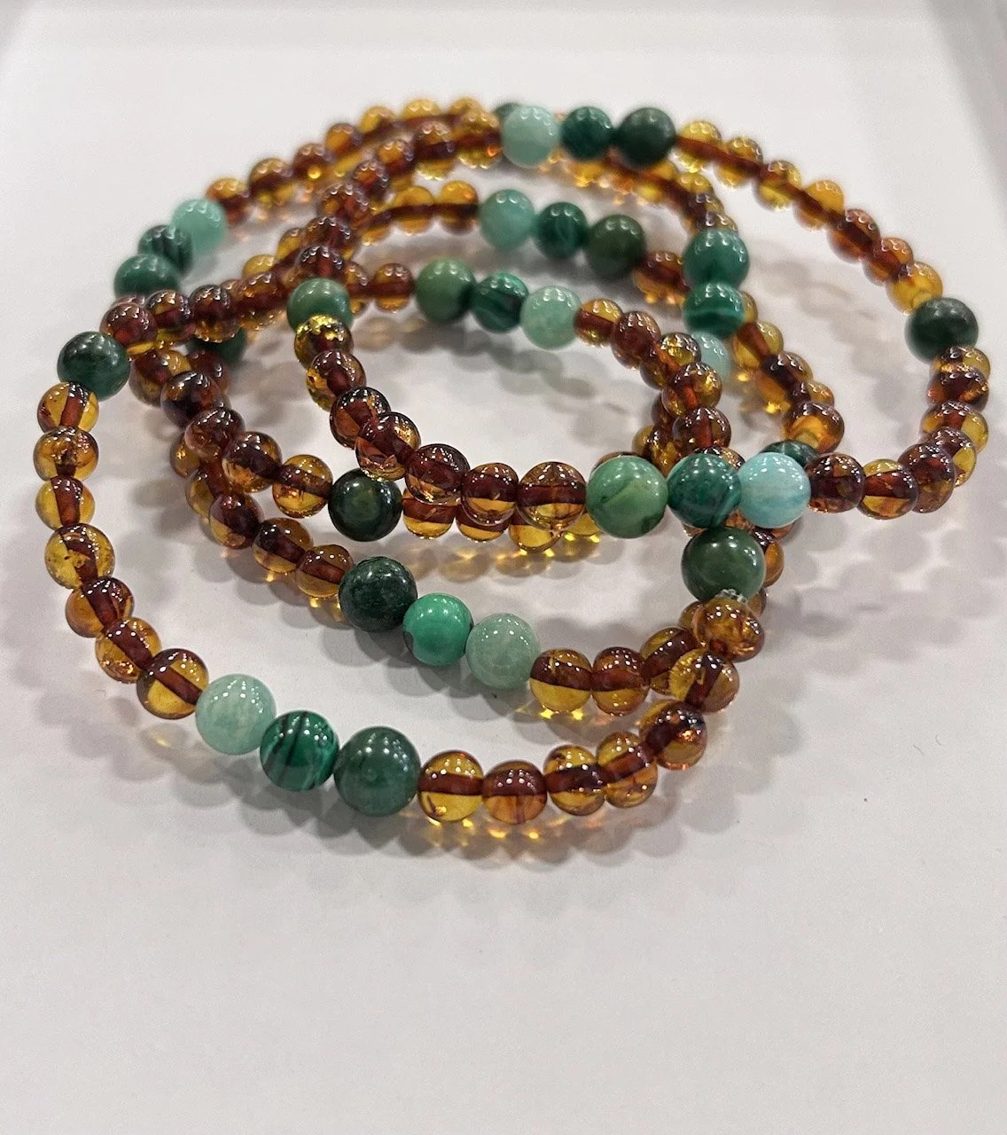 Baltic Amber Bead Bracelet with Amazonite, Jade, and Malachite