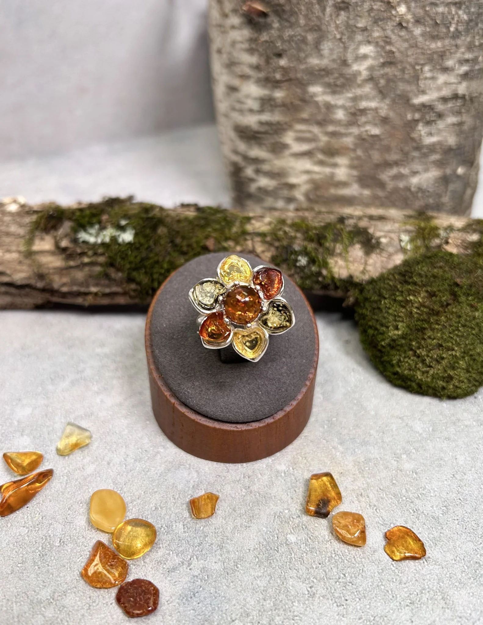 Bloom | Sterling Silver Baltic Amber Flower Ring | Adjustable Multi-Color
