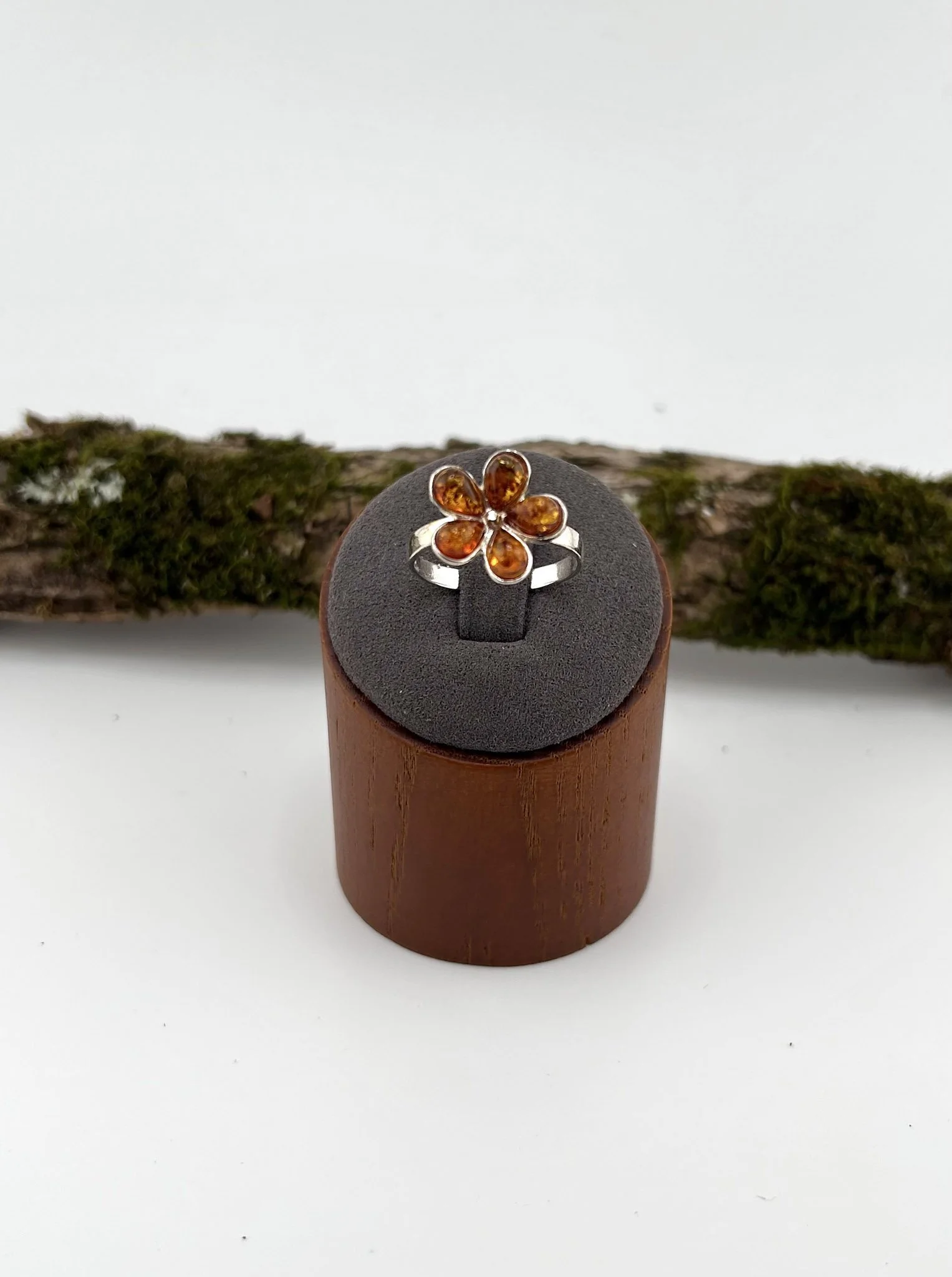 Cognac Baltic Amber Flower Ring | Sterling Silver