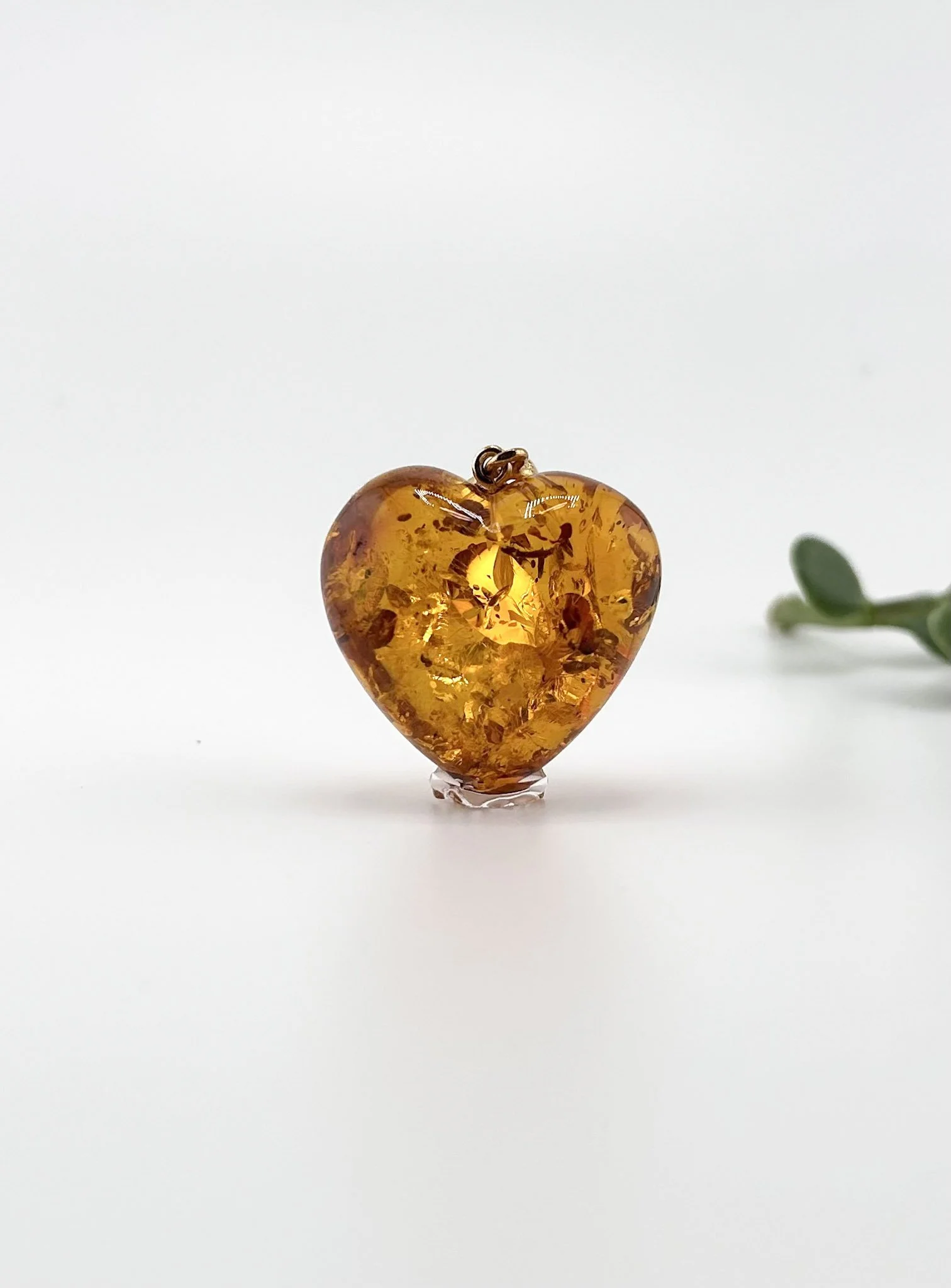 Cognac Baltic Amber Heart Pendant with Spangles