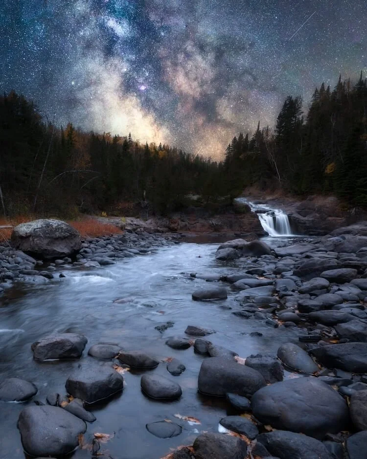 waterfall near Lake Superior at night