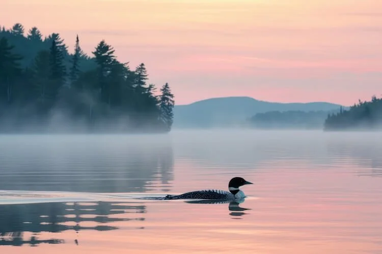common loon on a Minnesota lake at sunrise