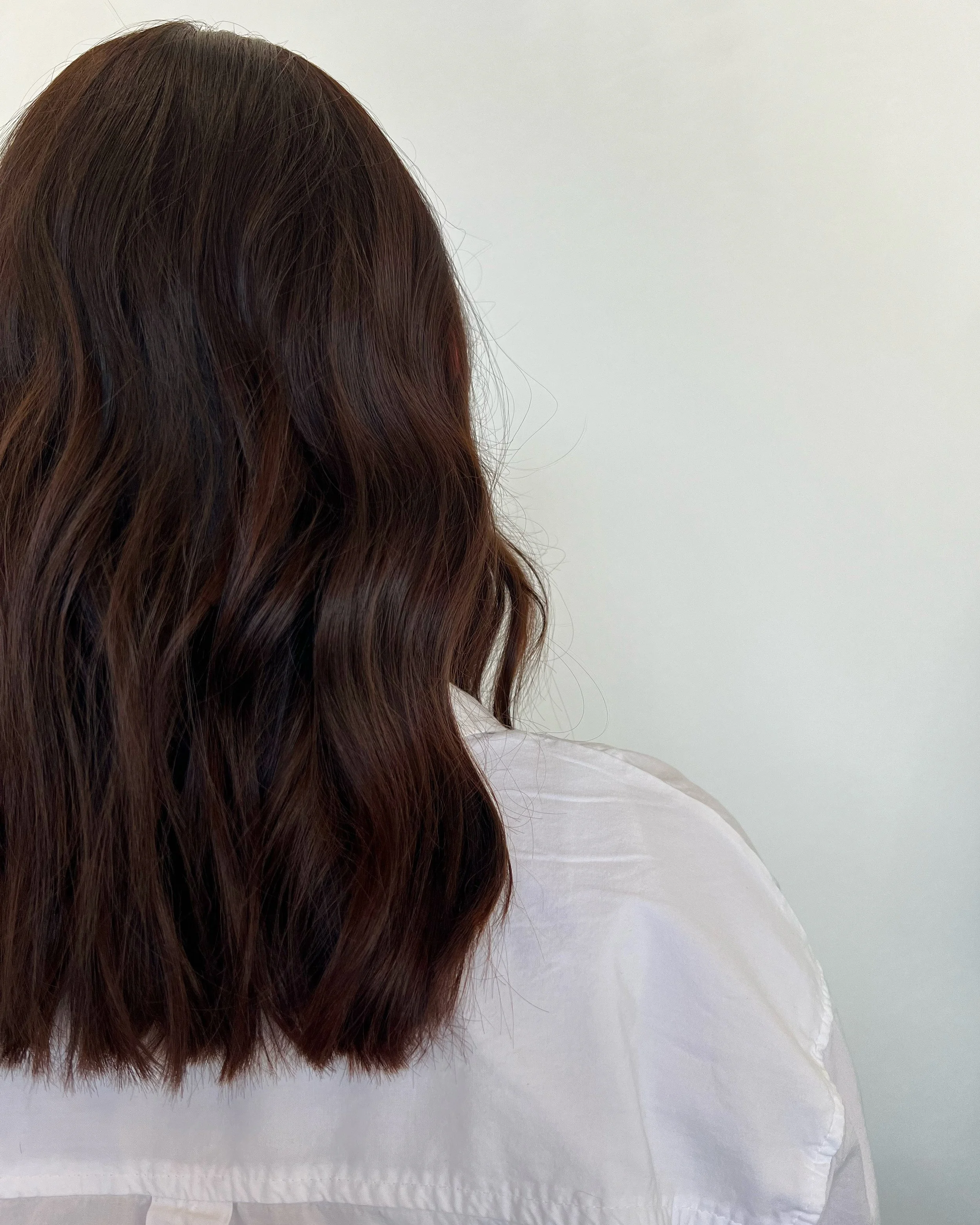 Back of a person's head with wavy, shoulder-length brown hair, wearing a white shirt, against a plain white background.
