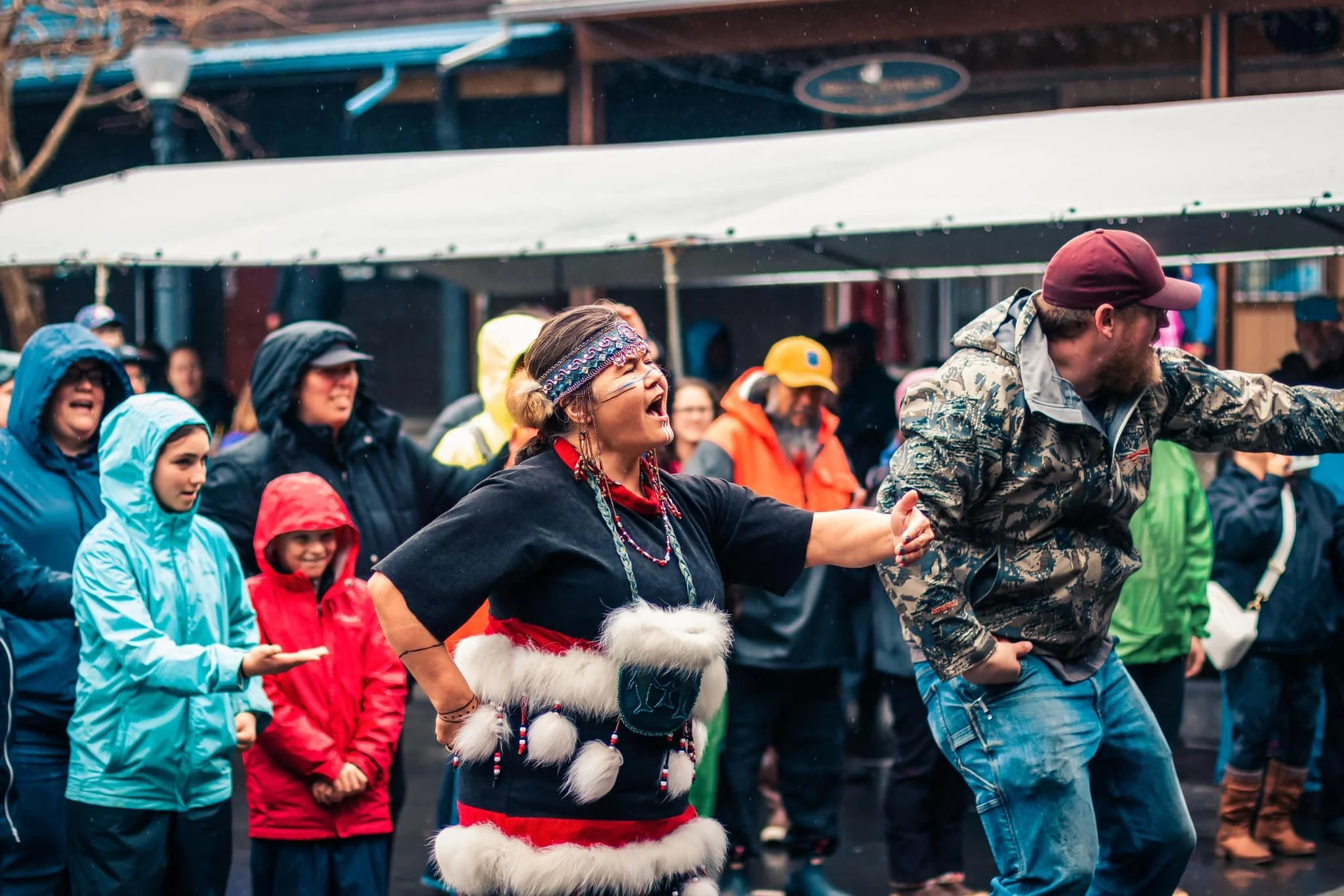 Kodiak Alutiiq Dancers at Sun'aq Tribe building during Crab Fest 2023 performance. Photo by Jonathan Samson. 