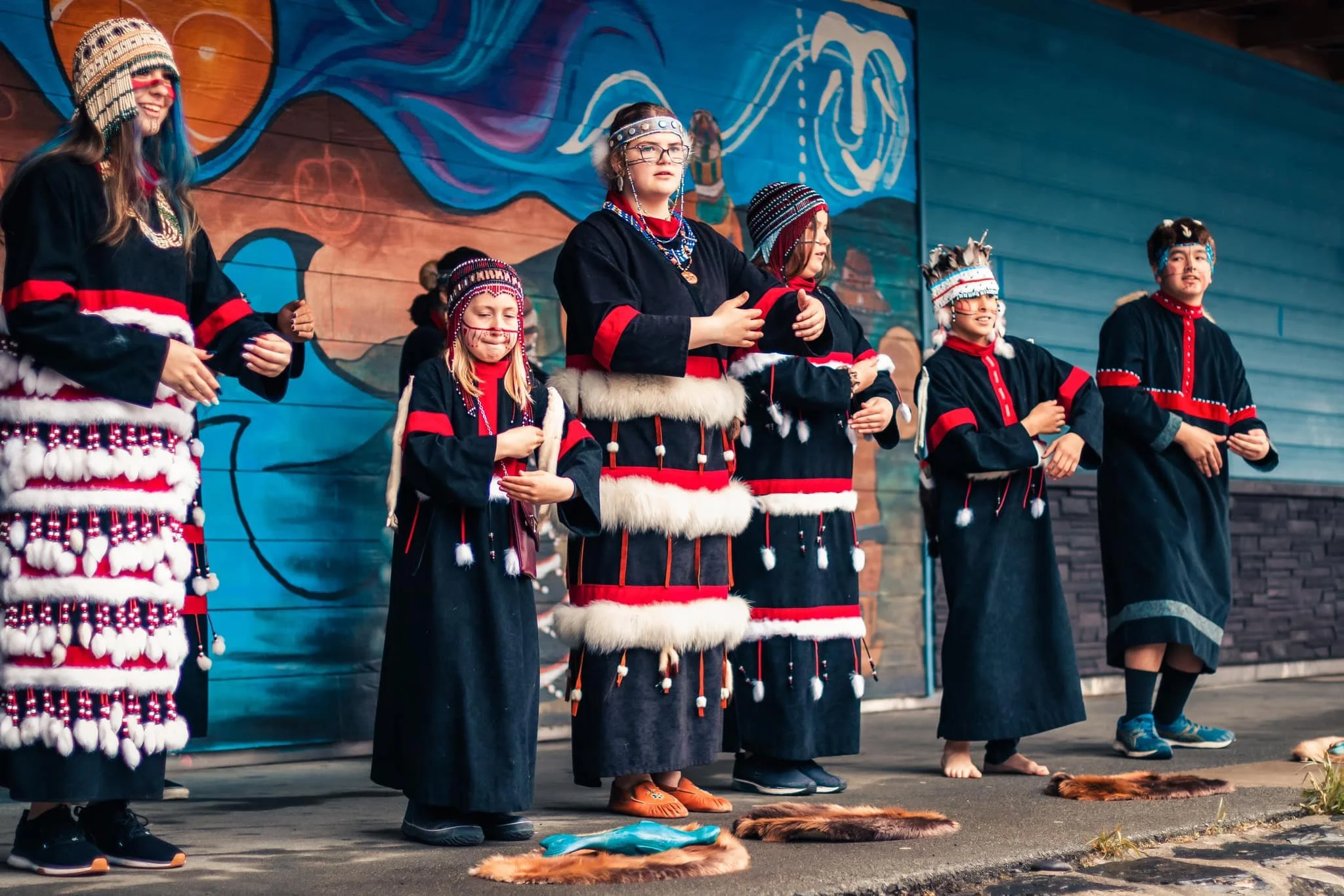 Kodiak Alutiiq Dancers at Sun'aq Tribe building during Crab Fest 2023 performance. Photo by Jonathan Samson. 