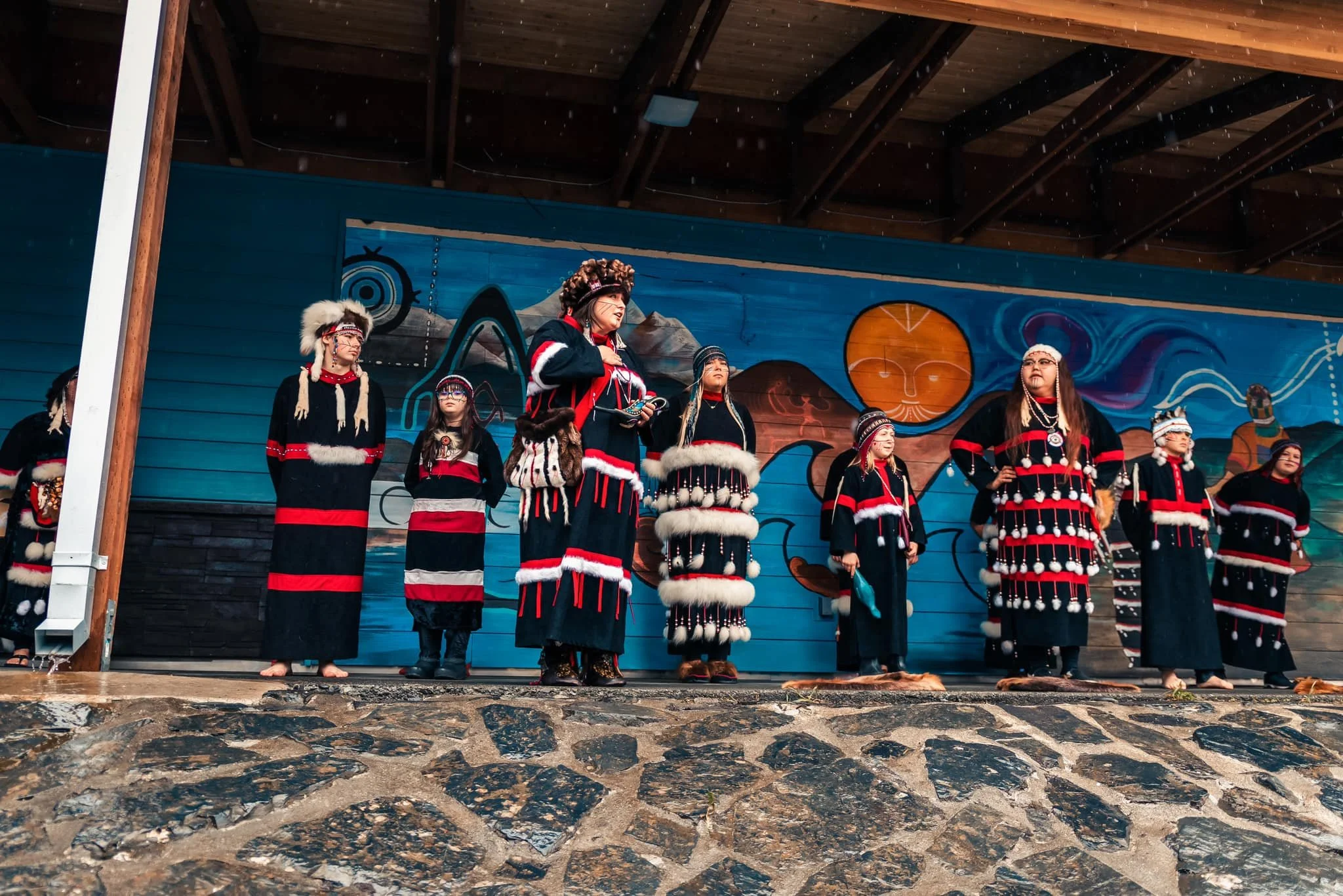 Kodiak Alutiiq Dancers at Sun'aq Tribe building during Crab Fest 2023 performance. Photo by Jonathan Samson. 