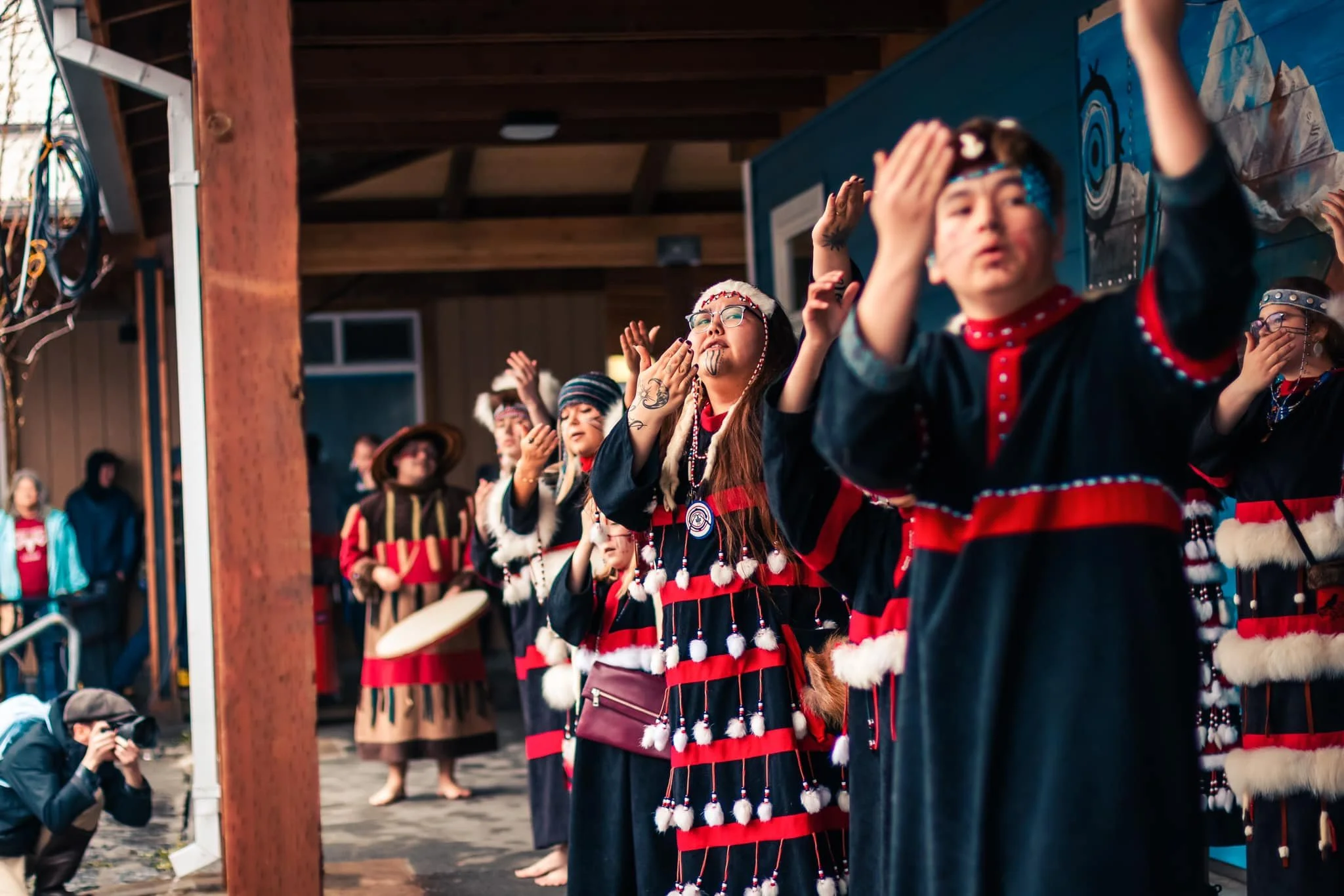 Kodiak Alutiiq Dancers at Sun'aq Tribe building during Crab Fest 2023 performance. Photo by Jonathan Samson. 