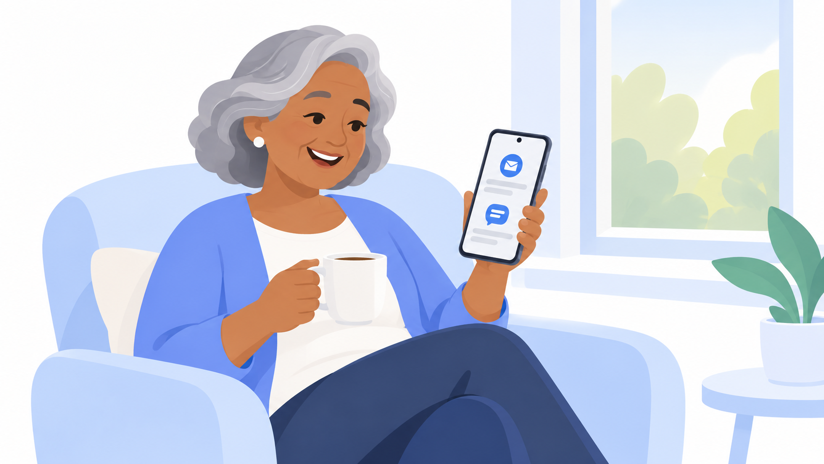 Older woman relaxing in a chair while checking her email and texts on one screen