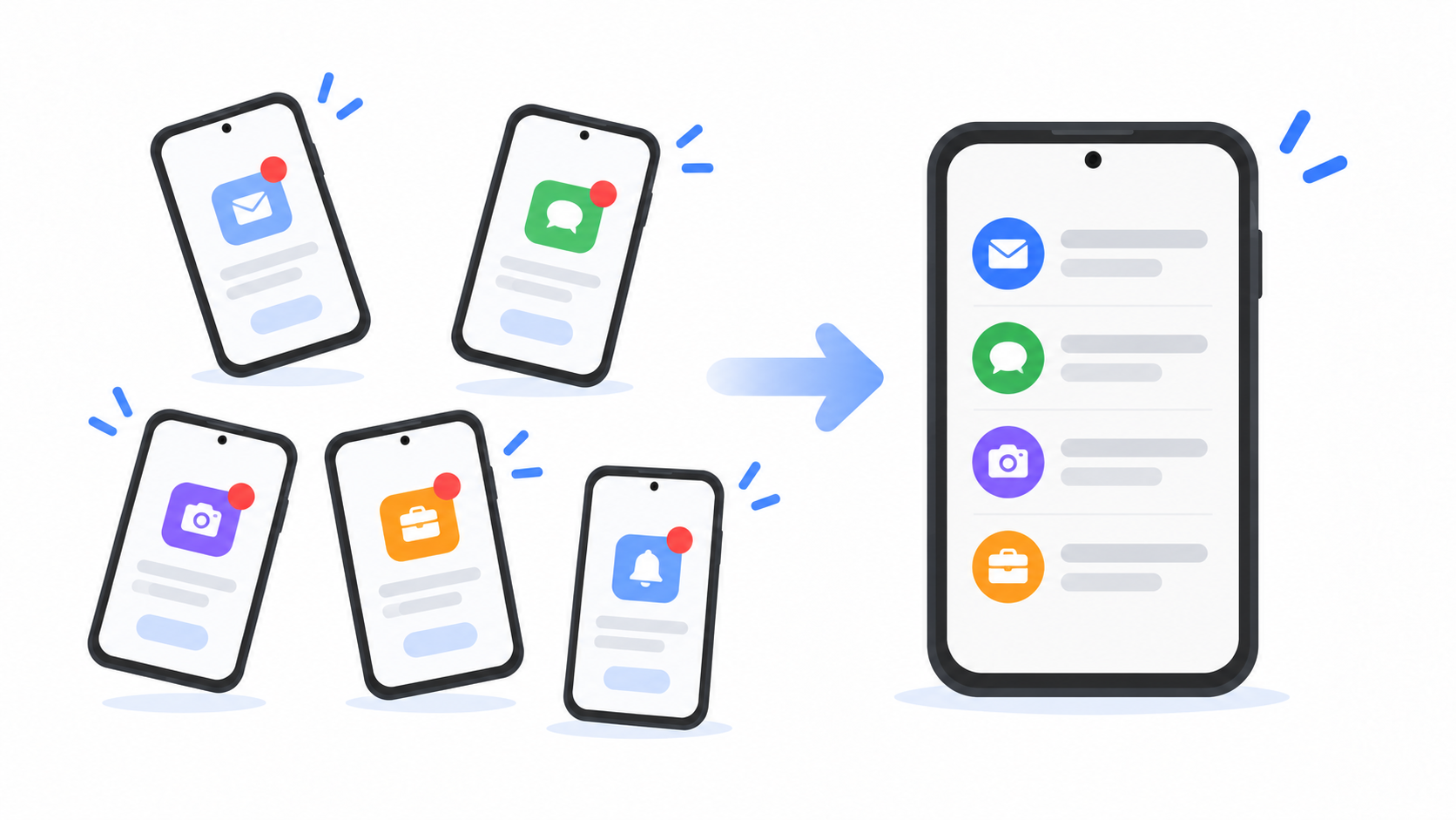 Five separate message apps on the left become one simple place to look on the right