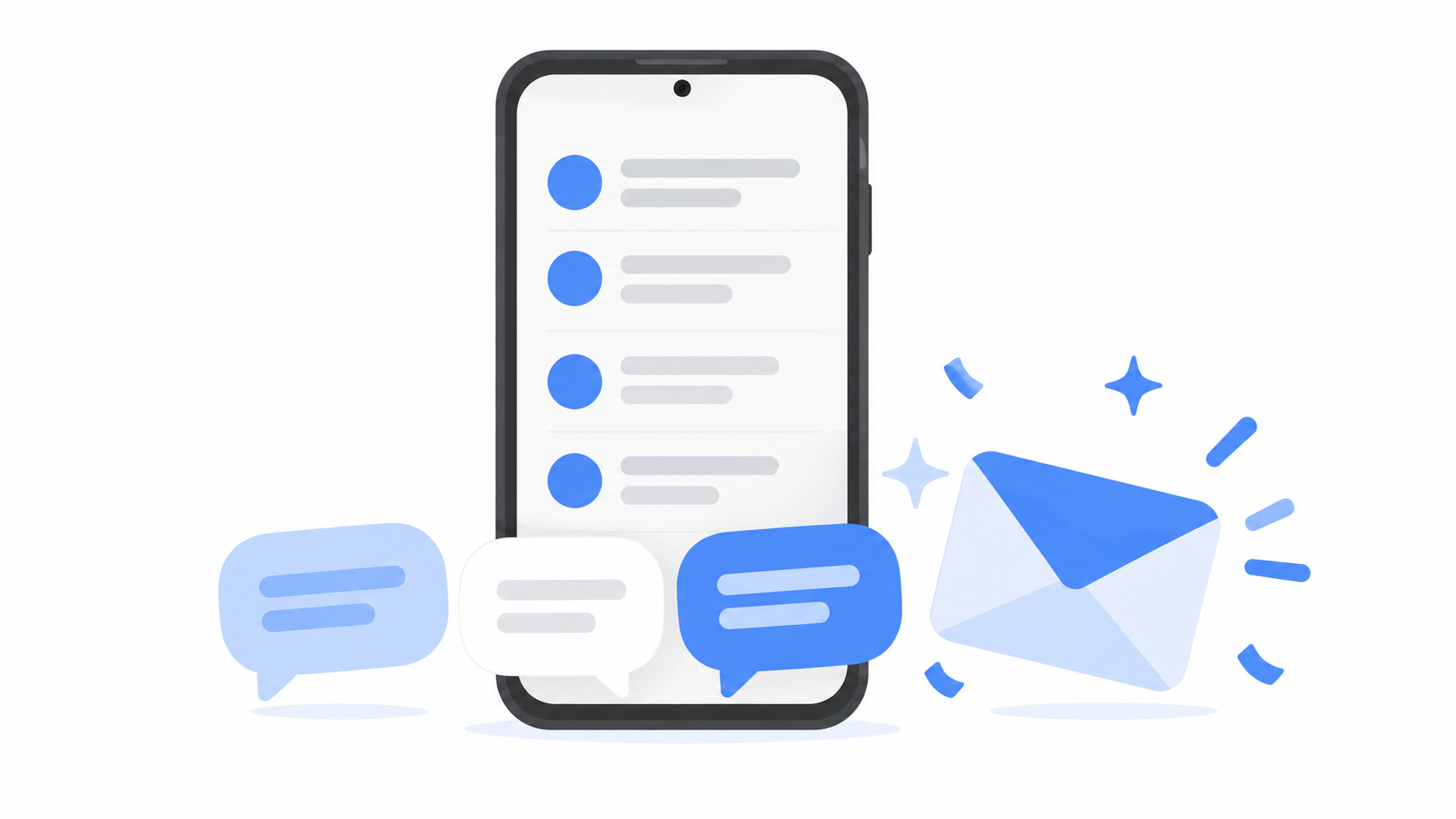 An envelope joining speech bubbles on a phone screen to show email arriving in Messenger Chat Home