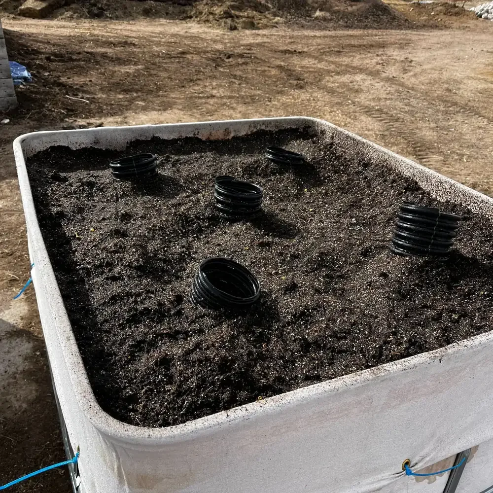 Top-down view of an IBC tote filled with Alpine Roots living soil mix, with black corrugated aeration pipes inserted vertically through the soil