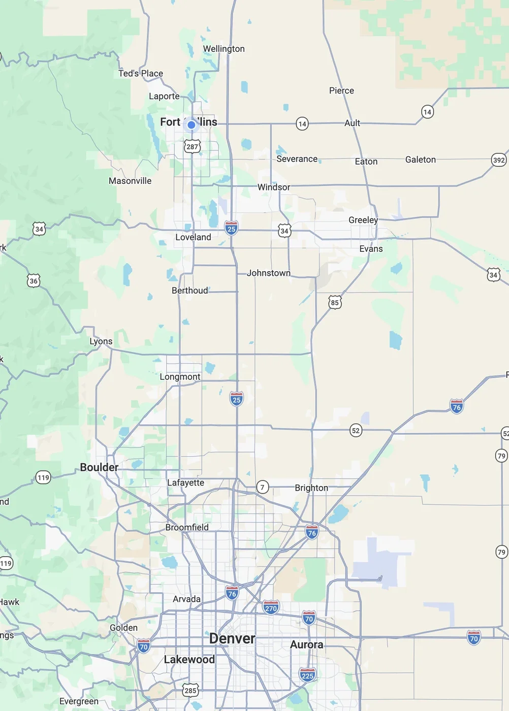 Map of the Colorado Front Range from Fort Collins to Denver, showing the Alpine Roots service area