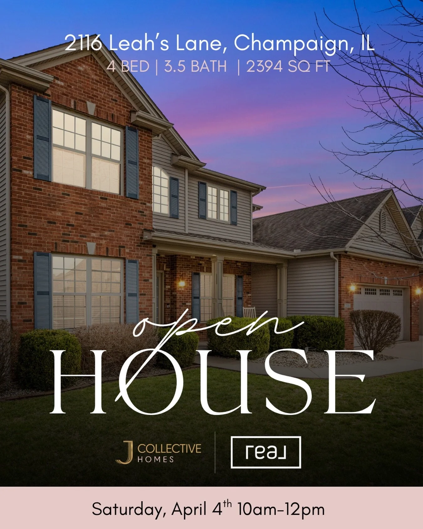 Your Saturday plans just got better ✨

Join us at this beautifully maintained home in southwest Champaign&mdash;where space, natural light, and privacy come together in all the right ways.

📍 2116 Leah&rsquo;s Lane
🕙 Saturday | 10AM&ndash;12PM

Com
