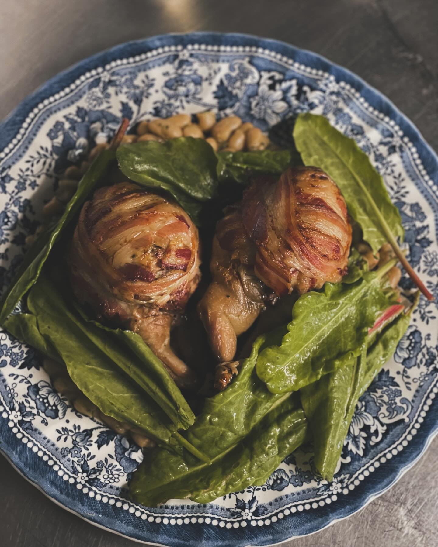 Two Boned &amp; Stuffed Norfolk Quail with White Beans, Sorrel and a Sherry Sauce to share. 

The quail are stuffed with our black pudding, livers and chicken mousse. A real treat for two by the fire on a brisk Sunday afternoon.