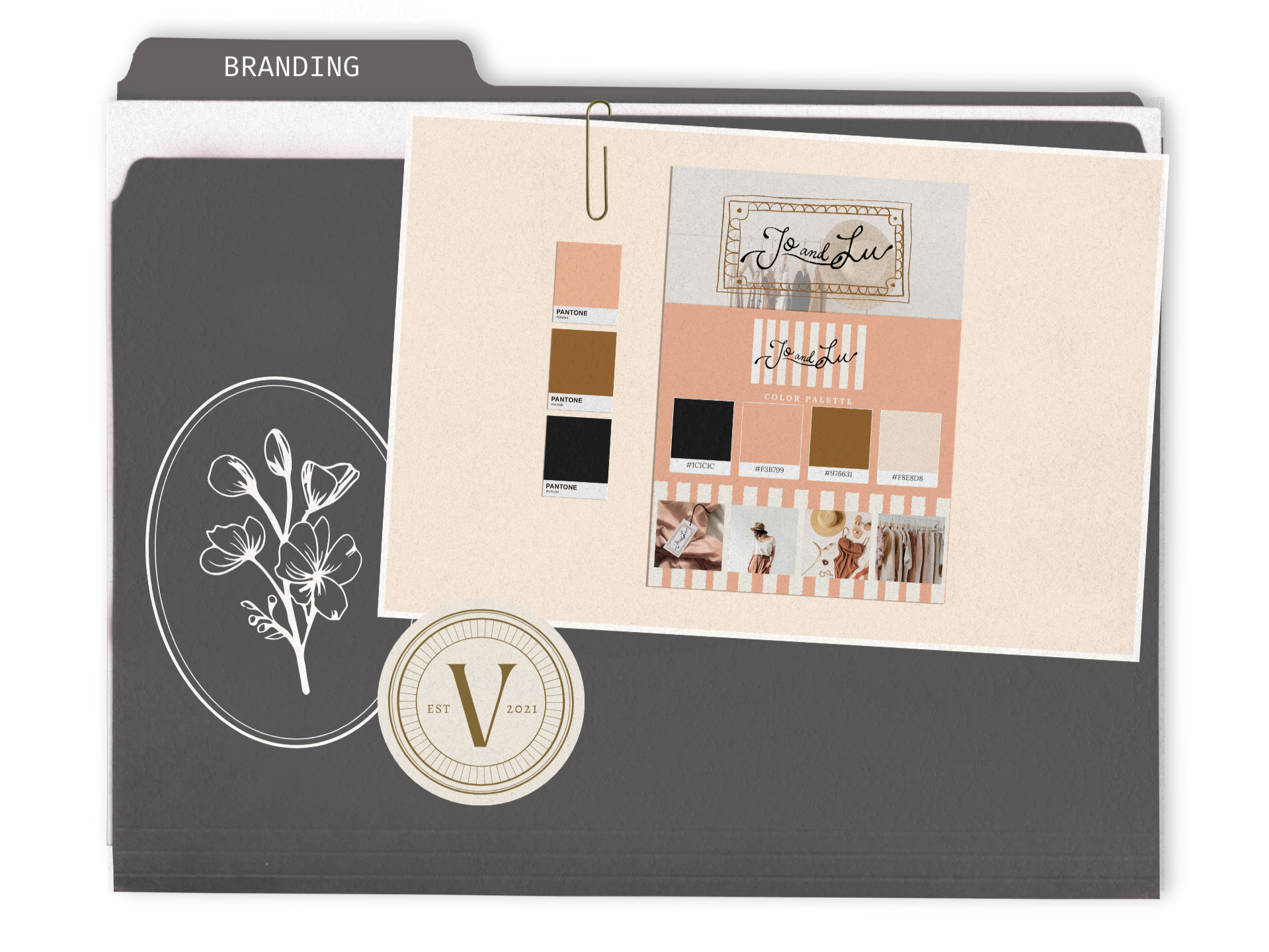 A branding mood board with pink, black, beige, and gold color schemes, featuring fabric swatches, photos of clothing, and a logo with a flower sketch and the letter V.