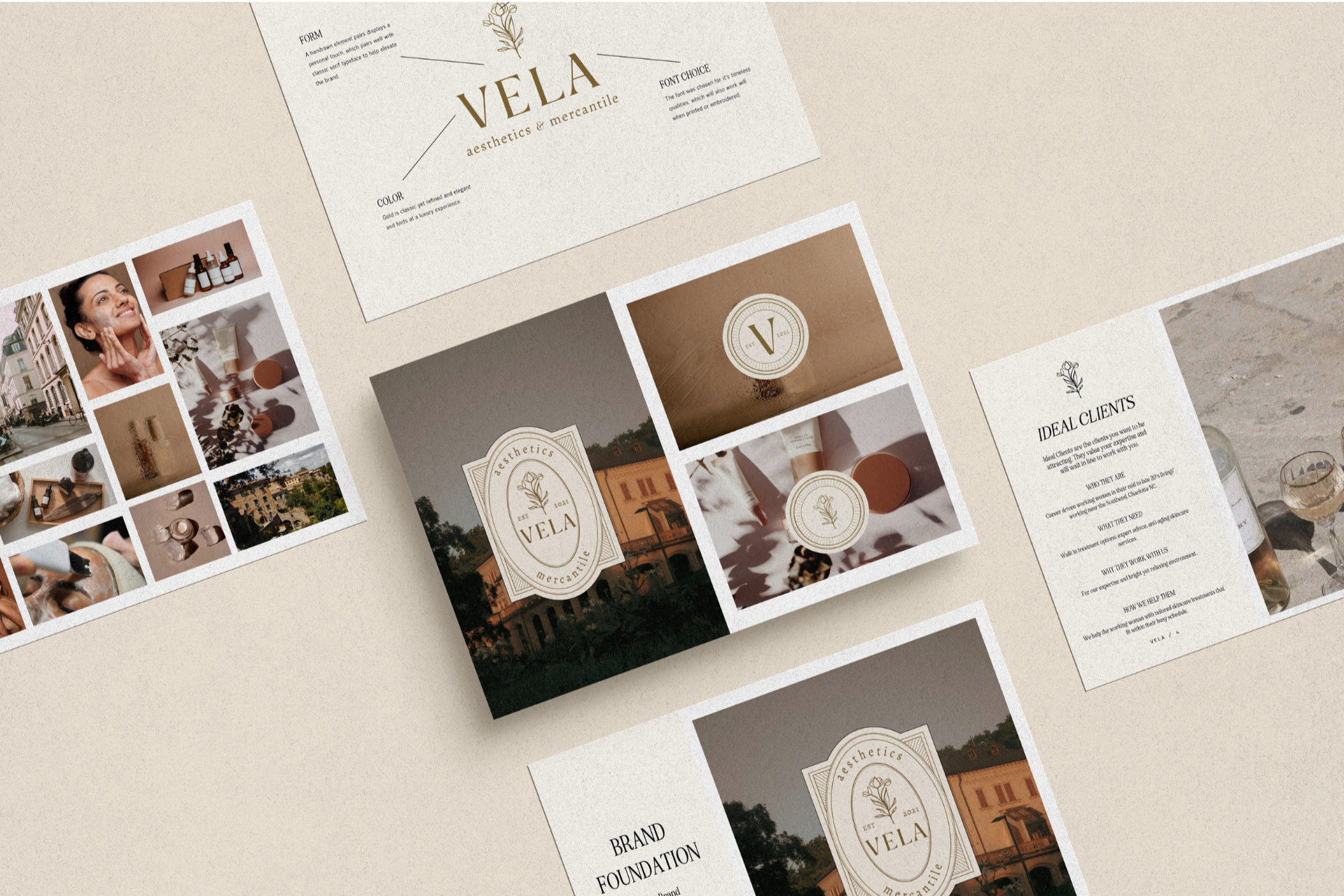 Branding and marketing materials for VELA, an aesthetics and mercantile brand, including logos, product photos, and informational pamphlets with a neutral color palette of browns, tans, and whites.