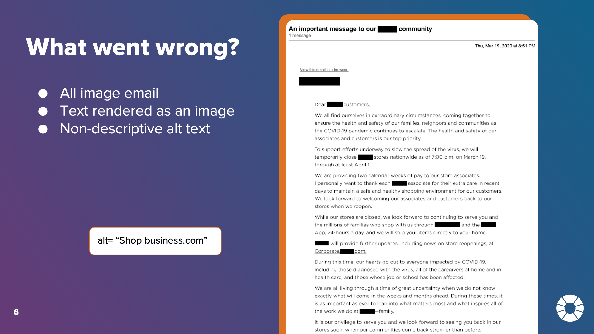 Non compliant email sample from a retail brand. It was sent out as an image with no alt text