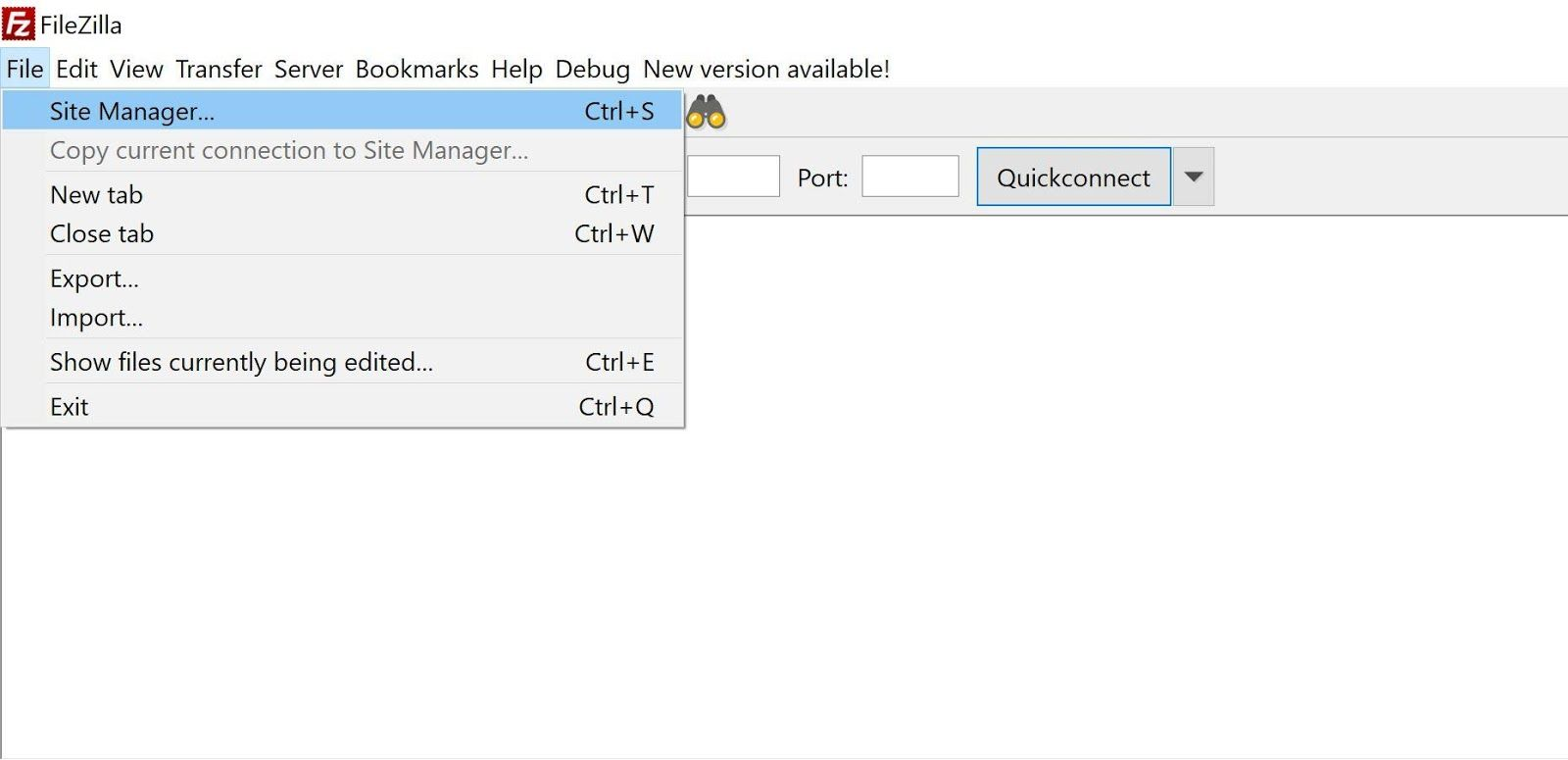 Screenshot of FileZilla software showing the File menu options, including Site Manager, New tab, Close tab, Export, Import, Show files currently being edited, and Exit with keyboard shortcuts.