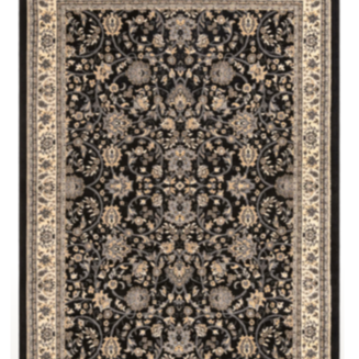 A black and beige ornate patterned area rug with floral and geometric designs.